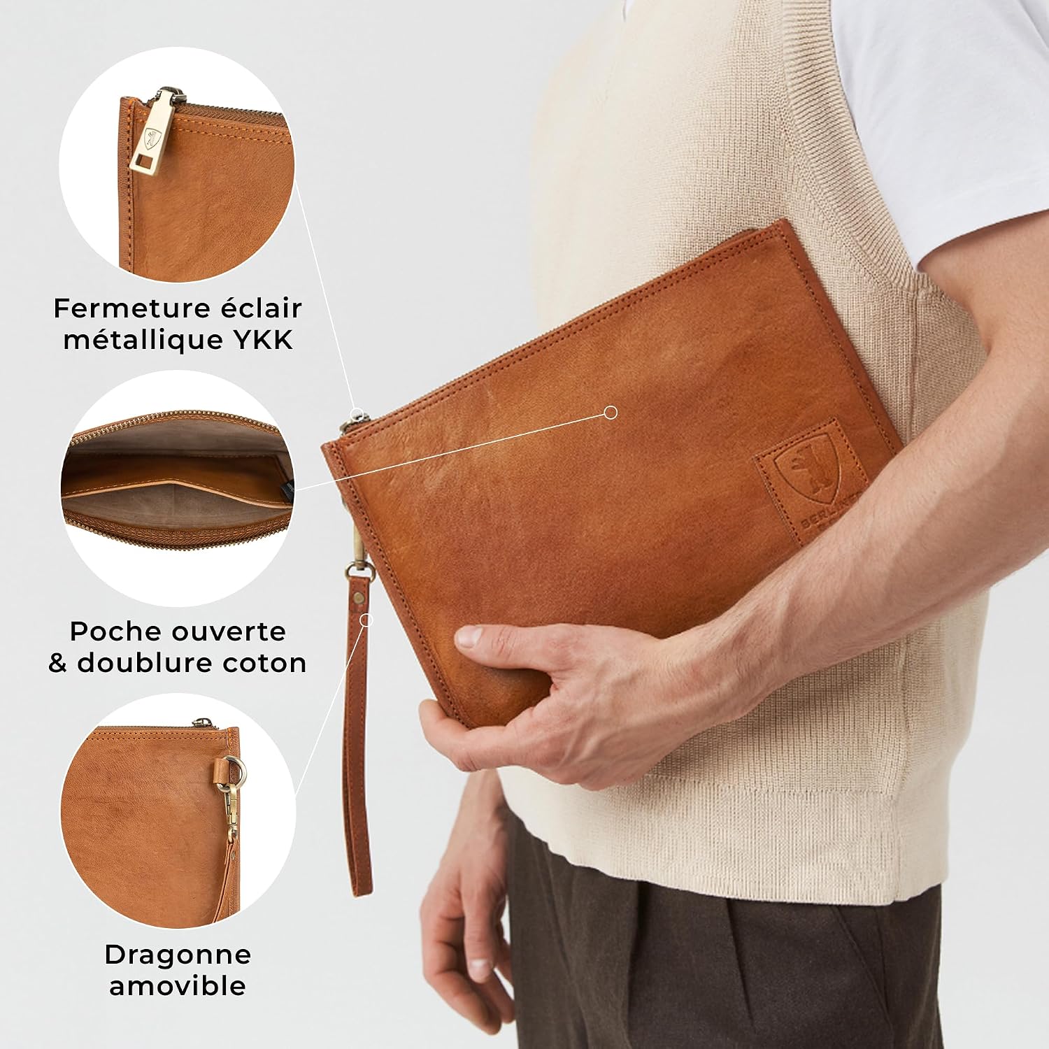 Detalle de Berliner Bags Theo XL : pochette en cuir véritable pour documents et passeport (maron) avec fermeture éclair