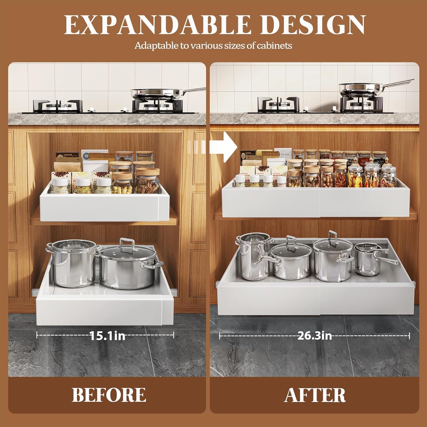 Thumbnail 3 de Seinloes 4 Pack Expandable Pull Out Cabinet Organizer — 21" Deep with Raising Pads, 3-Rail Quiet Slide, No-Drill Install, 15.1"–26.3" Width, White