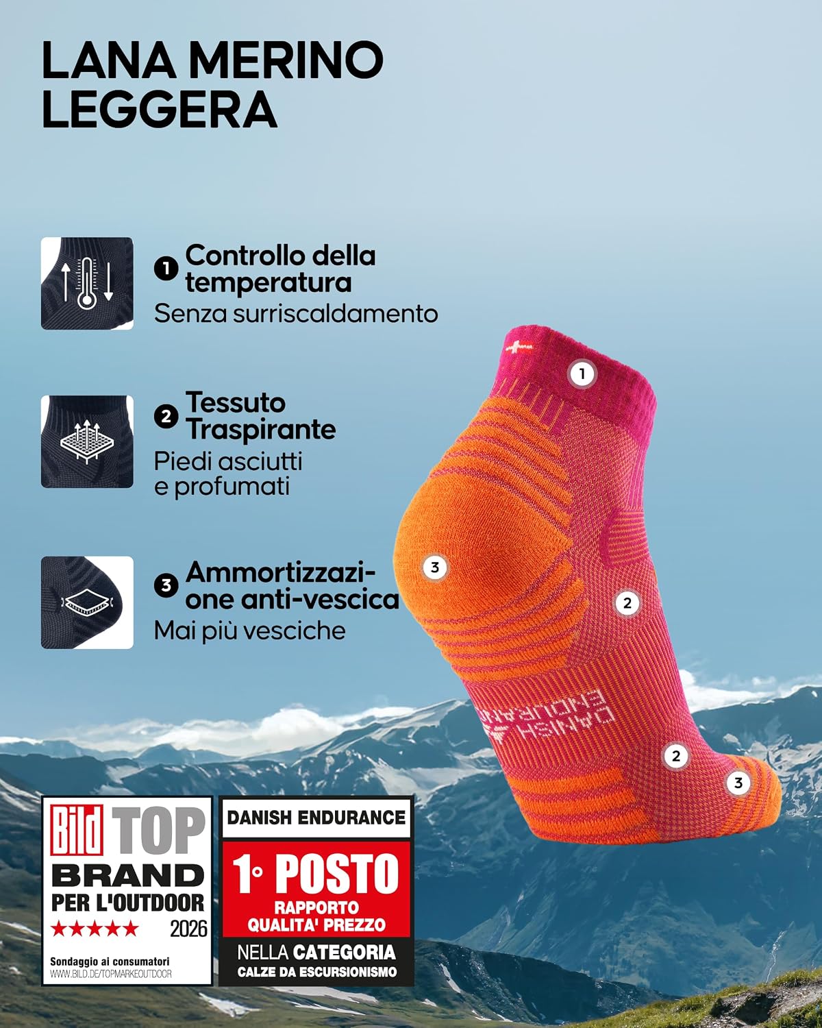 Detalle de DANISH ENDURANCE Calze trekking in lana merino (corte) unisex, termoregolanti e anti- vesciche – 3 paia