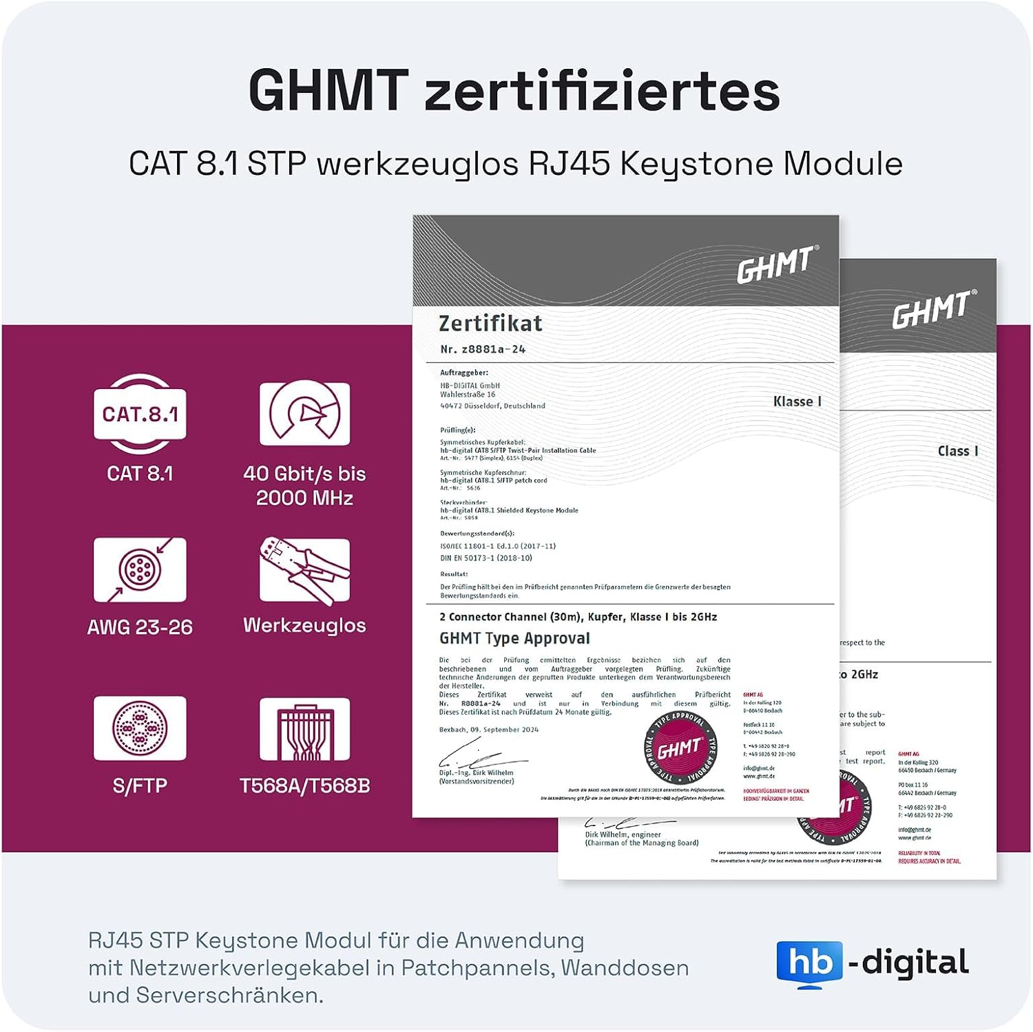Detalle 2 de HB-DIGITAL 1-Port CAT 8 Netzwerkdose bis 40 GBit/s
