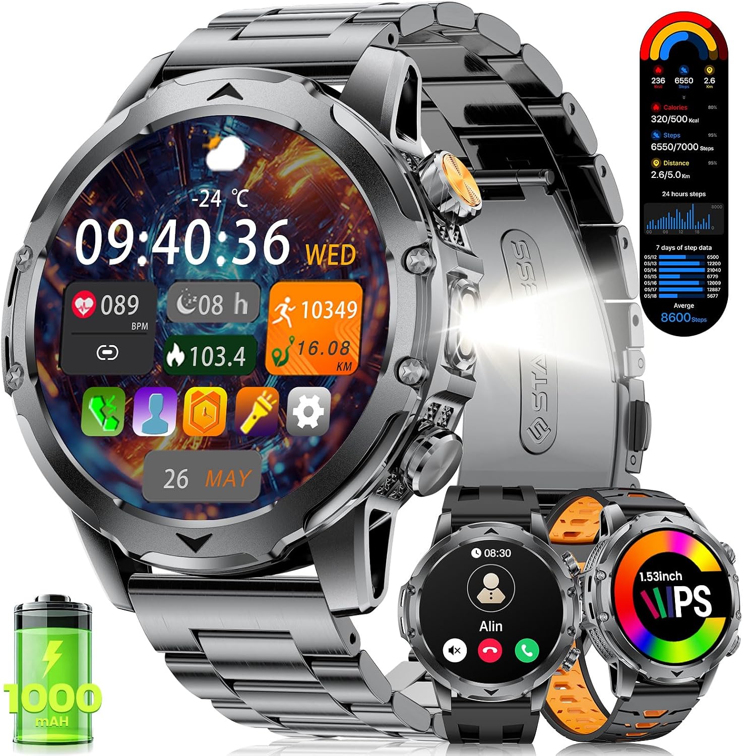 Detalle de LIGE Montre Connectée pour Homme – Appels Bluetooth, Écran AMOLED 1,53'', 123 Modes Sportifs, IP68, Batterie 1000 mAh