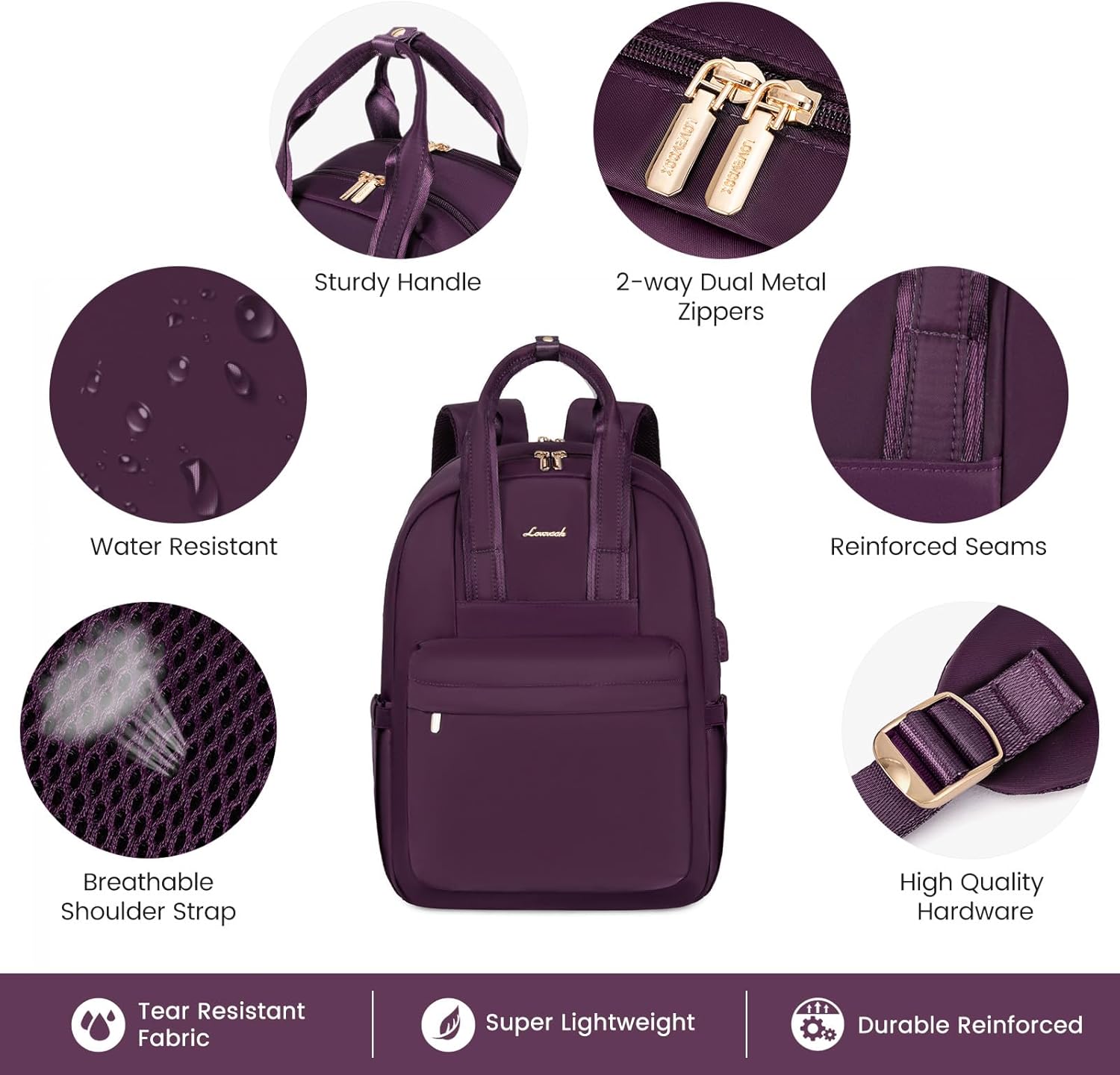 Thumbnail 2 de LOVEVOOK Laptop Rucksack Damen 15,6 Zoll – Wasserdicht, USB-Ladeanschluss, Reiserucksack, Dunkelviolett