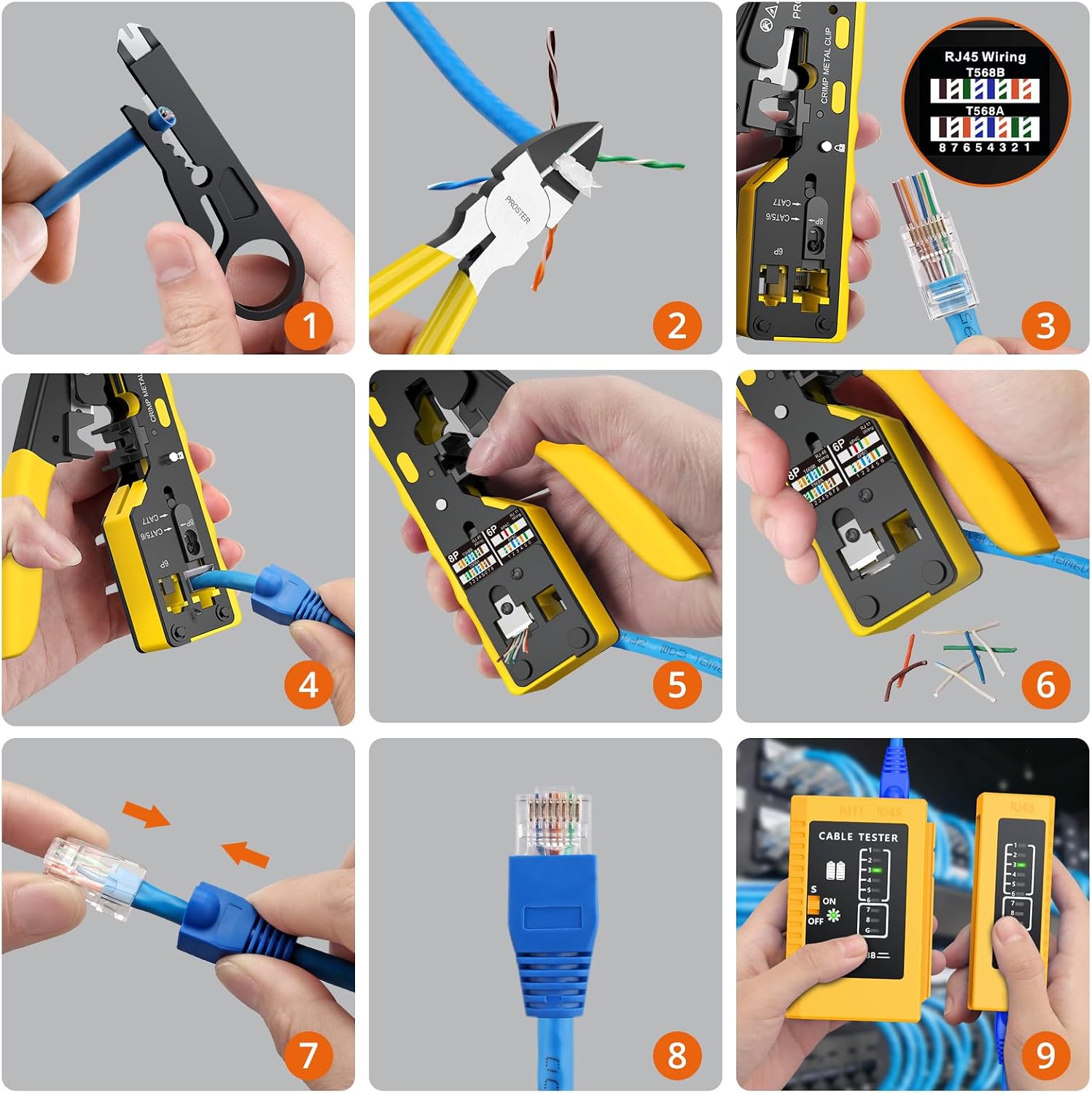 Detalle 2 de Proster Pinza Crimpatrice RJ45 Pass Through Multifunzione: Kit completo per connettori Cat5/6/7 con 50 connettori e protezioni