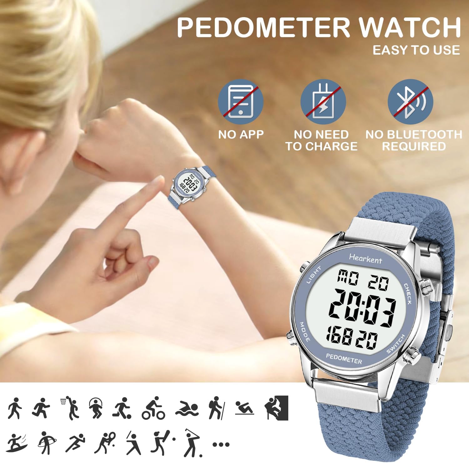 Detalle de Hearkent Pedometer Watch for Women – Non-Bluetooth Step Tracker with Large LCD, 30M Waterproof