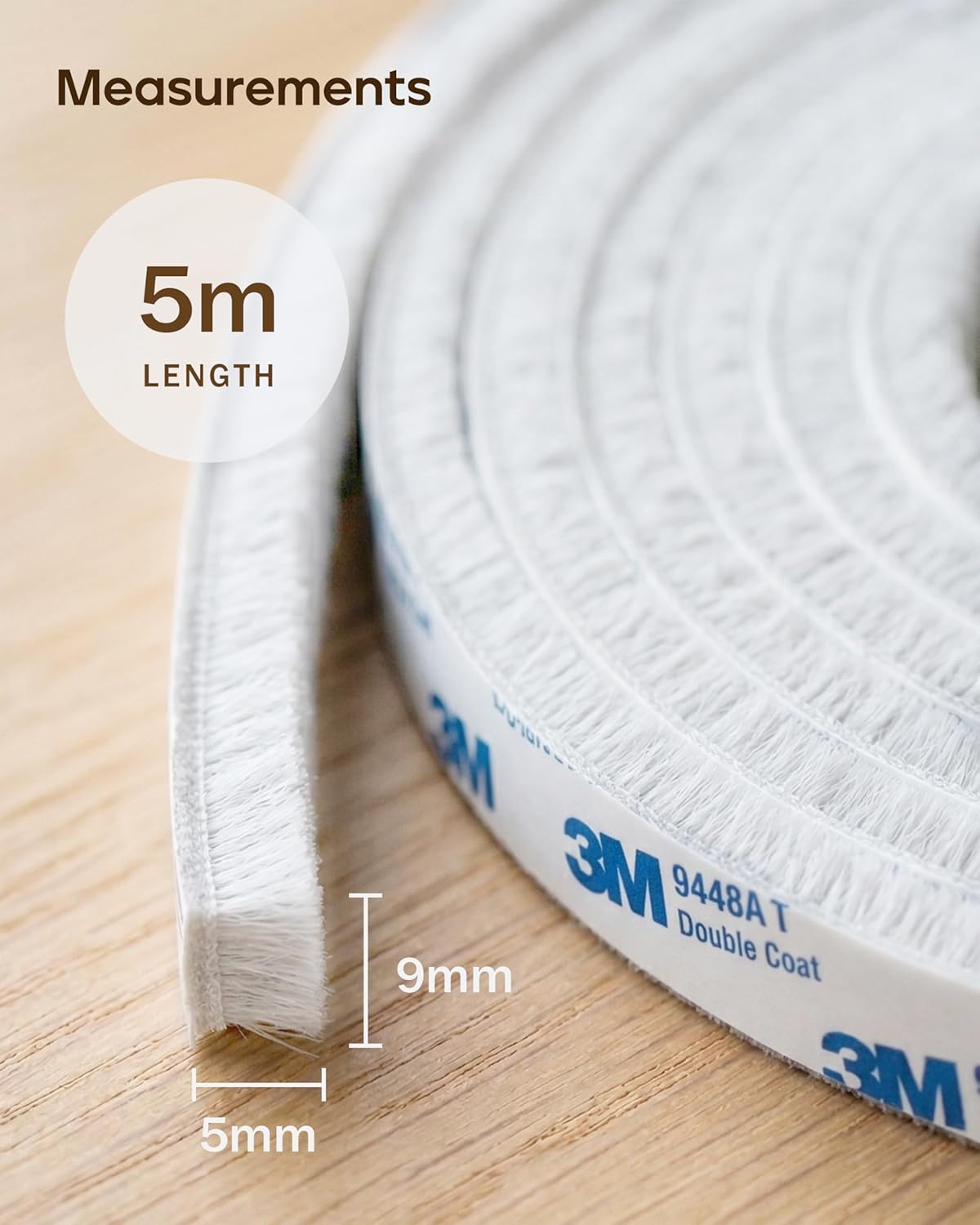 Detalle de HNNHOME Draft Excluder Brush Seal Strip (Self-Adhesive), 5m x 9mm x 5mm, White