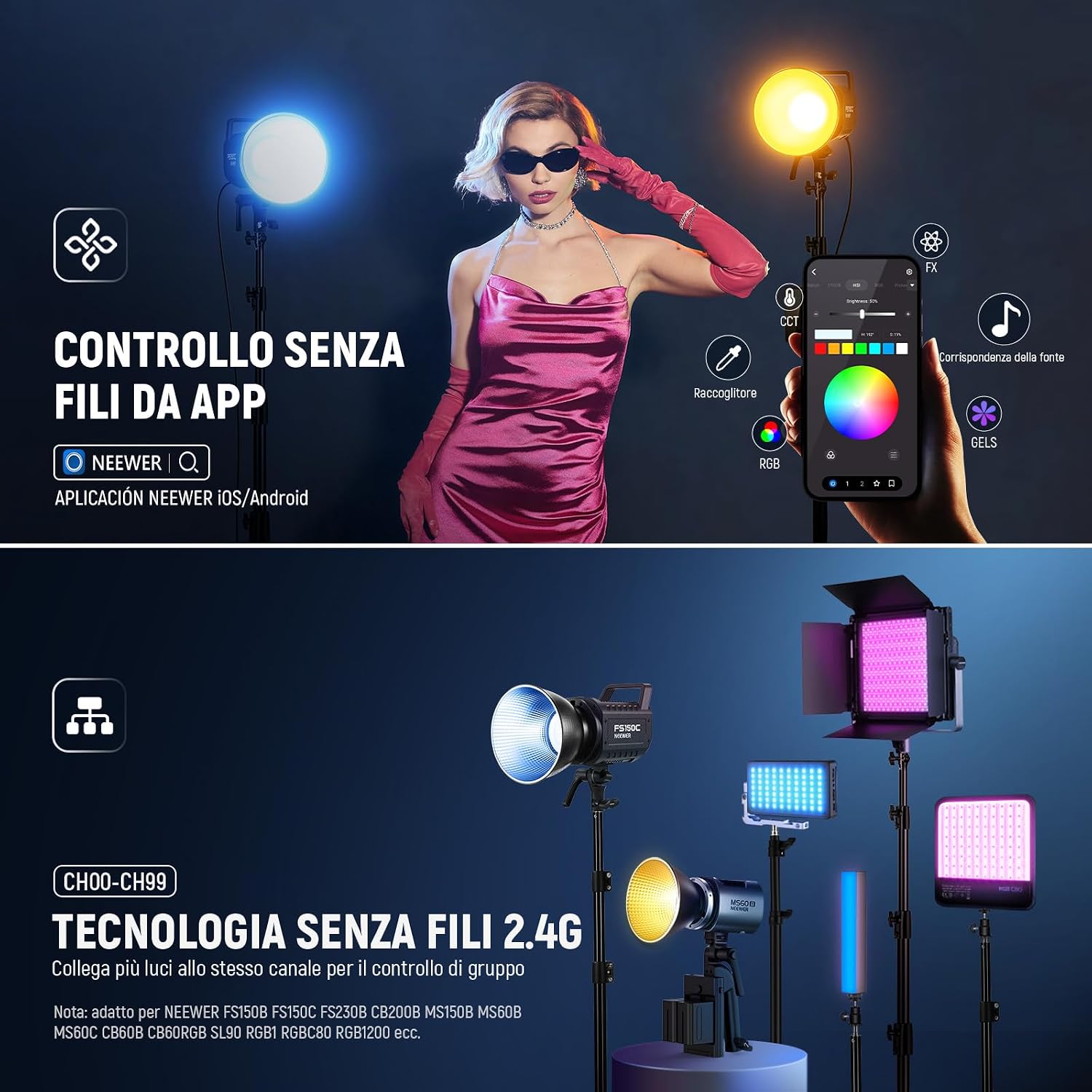 Detalle de NEEWER FS150C luce video LED RGB 130W con controllo APP/2,4G e attacco Bowens