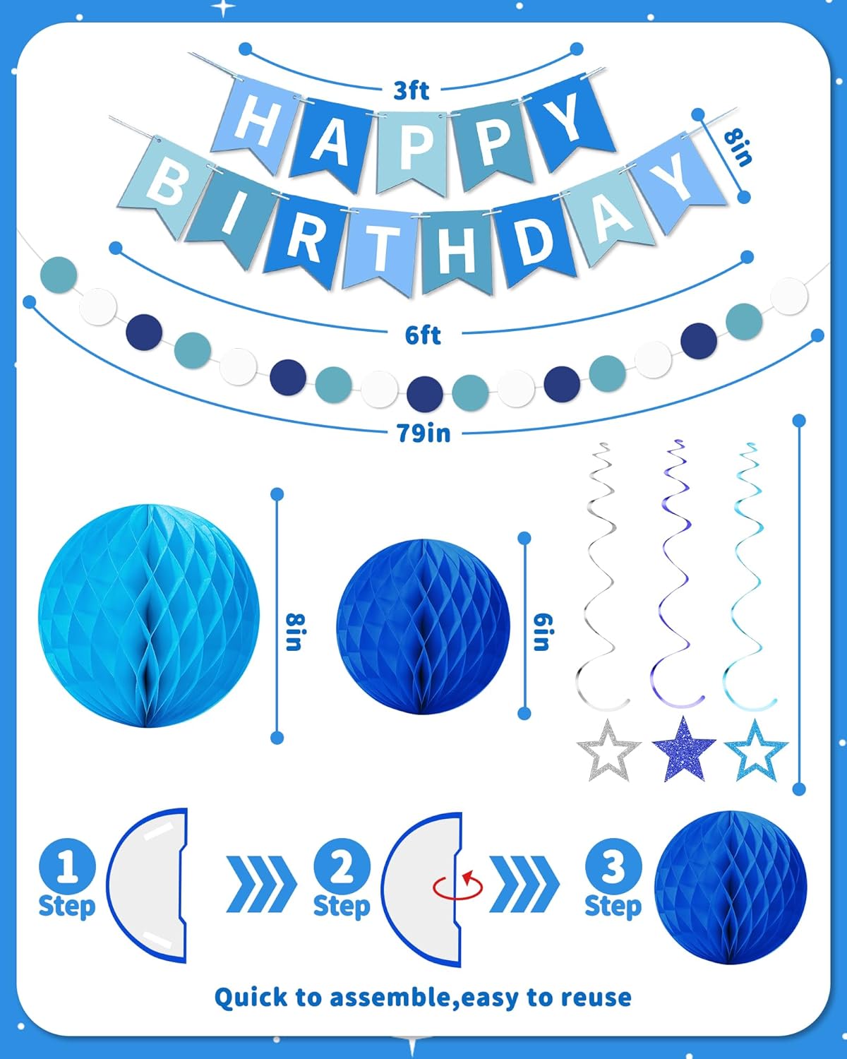 Detalle de Blue Happy Birthday Decorations: Banner Set with Honeycomb Balls, Star Swirl Streamers & Dots Garland