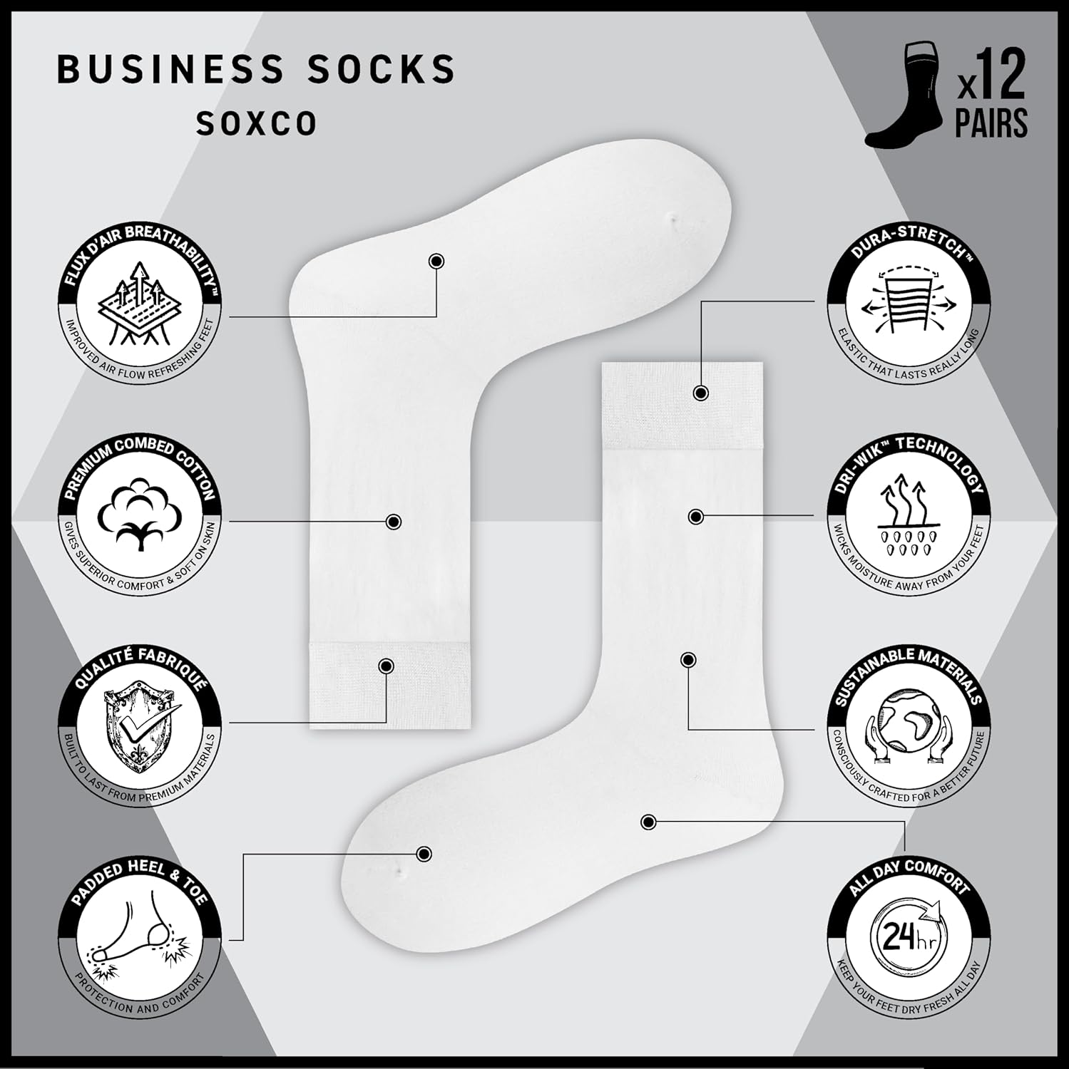 Thumbnail 4 de SOXCO Herrensocken aus Baumwolle (Crew-Länge), 12 Paare – atmungsaktiv & komfortabel durch Elastan