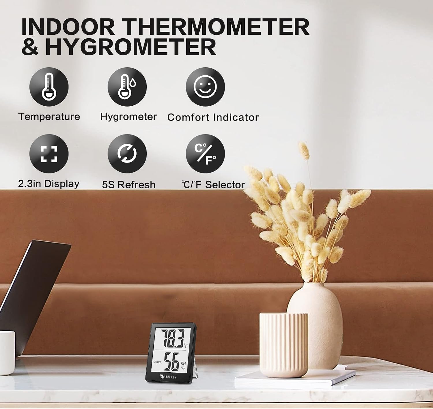 Detalle de DOQAUS Z-001 Digital Hygrometer and Indoor Thermometer, Black, 5-Second Refresh