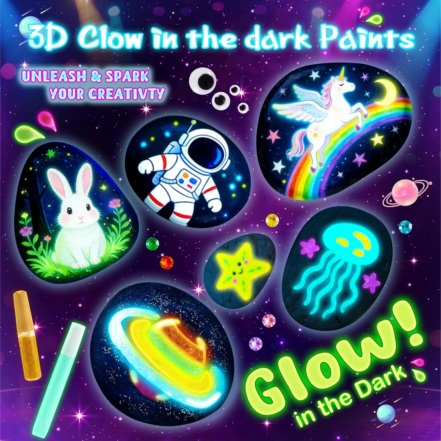 Thumbnail 1 de Glow Rock Painting Kit for Kids (Age 4–10) – Glow-in-the-dark rock arts and crafts set