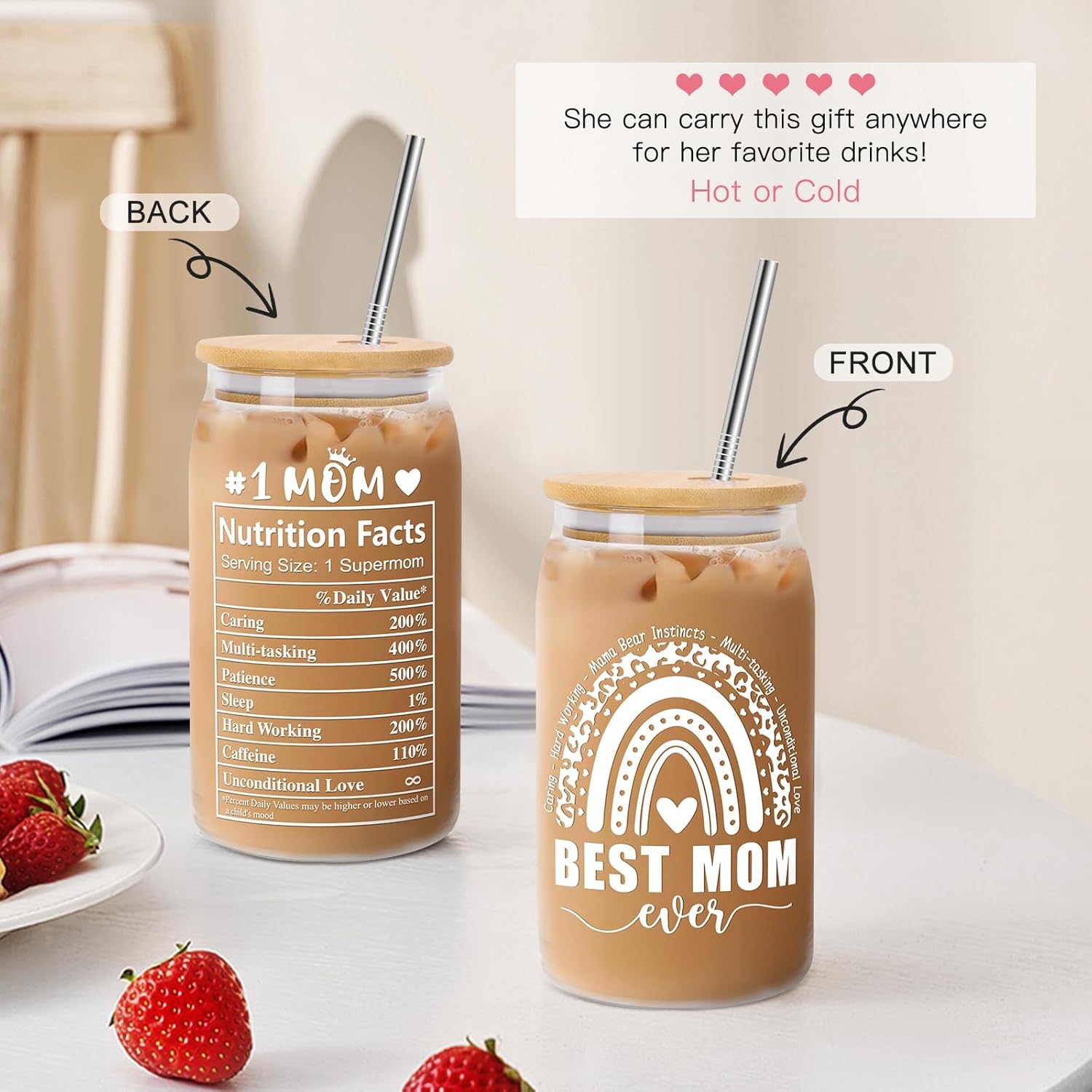 Detalle de Mothers Day Gift Can Glass Cups 16oz with Lids, Straws — Gift-Ready Set for Mom, Wife, or Mother-in-Law