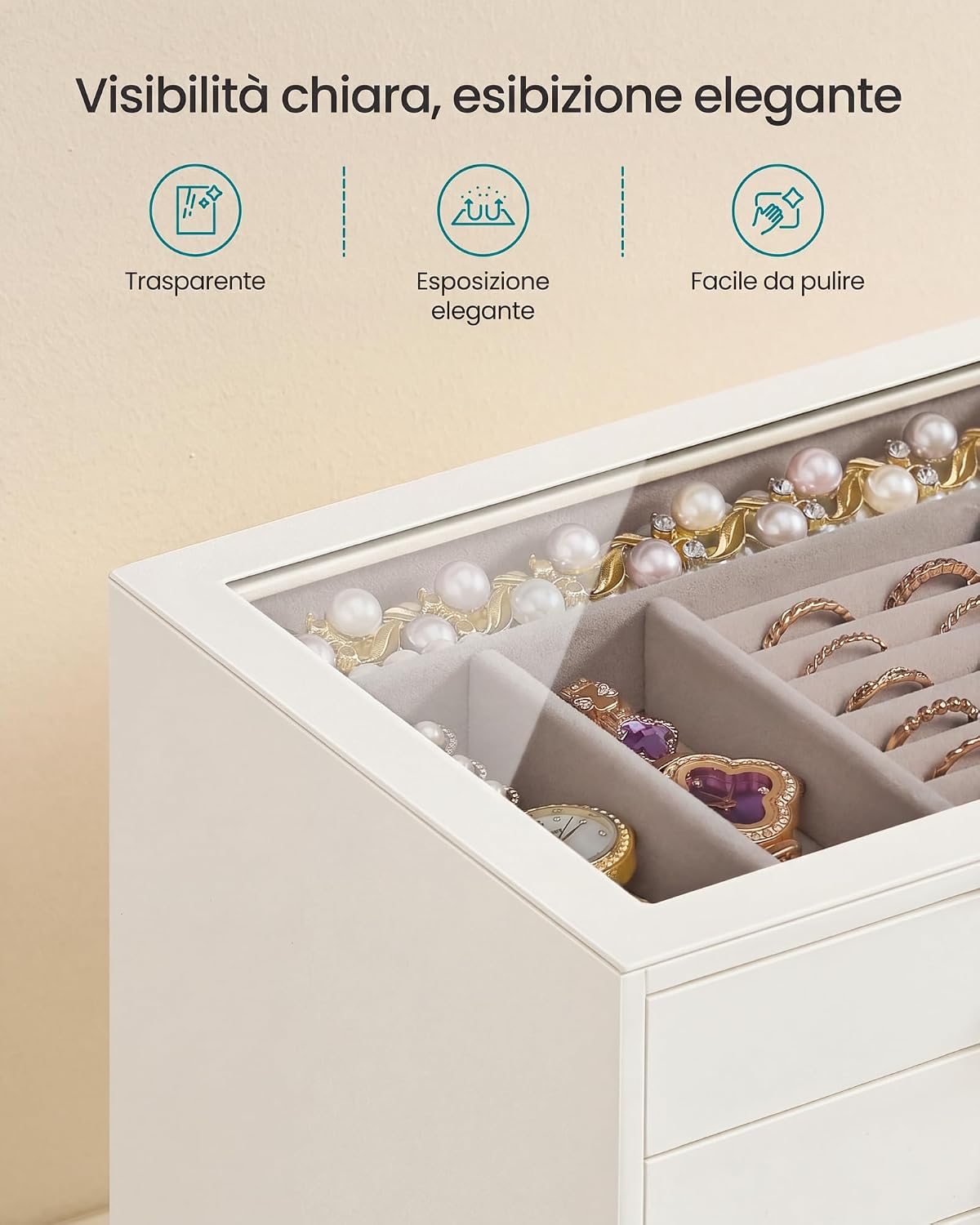 Detalle de SONGMICS Portagioie con Coperchio in Vetro, a 7 Cassetti – Eleganza e Organizzazione