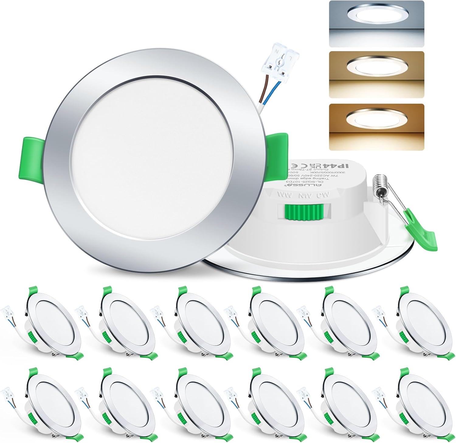 Detalle de ALUSSO LIGHTING LED Einbaustrahler 230V flach dimmbar 7W Set (12er, IP44) – 3000/4000/6500K