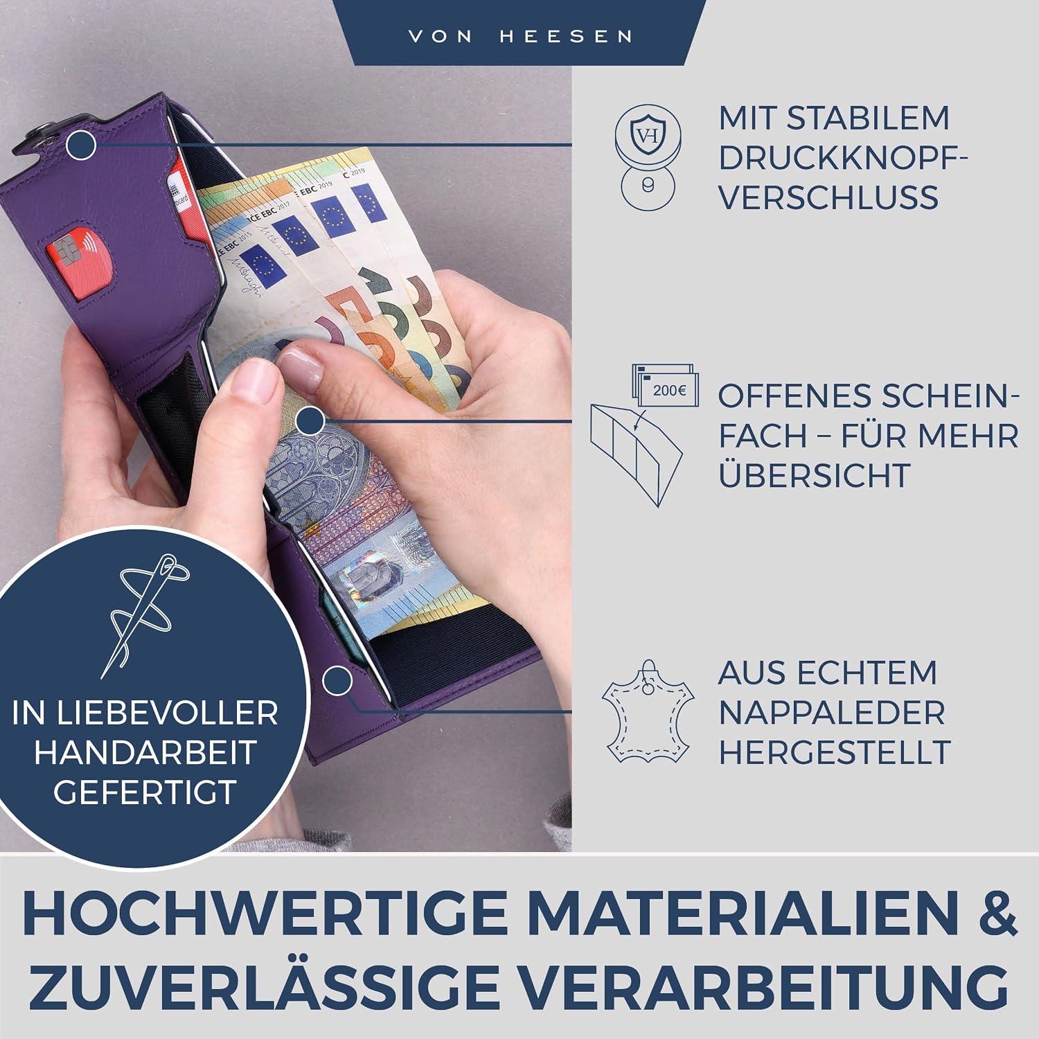 Detalle de VON HEESEN Slim Wallet mit RFID-Schutz – Leder-Kreditkartenetui im Querformat, klein & flach