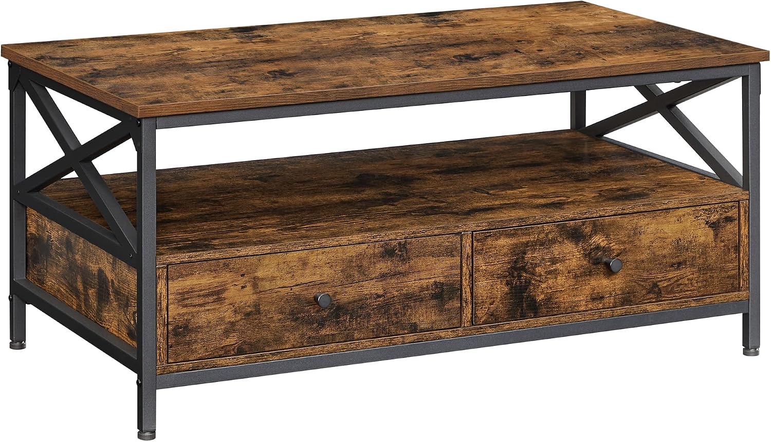 VASAGLE LCT201B01 Coffee Table, 2 Drawers, Steel X-Frame, Rustic Brown and Black