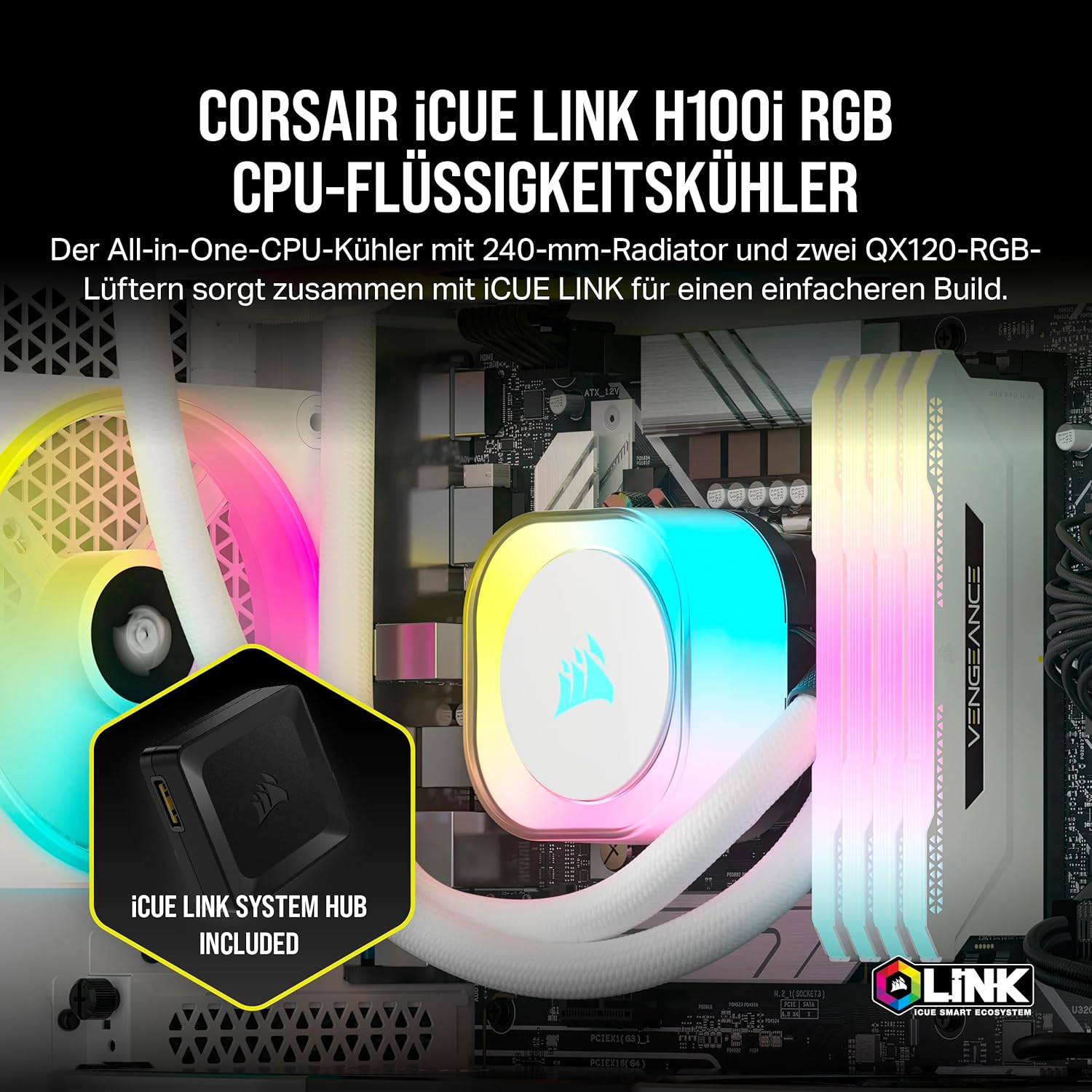 Thumbnail 1 de Corsair iCUE LINK H100i RGB Flüssig-CPU-Kühler – 240 mm mit iCUE LINK System Hub, Weiß