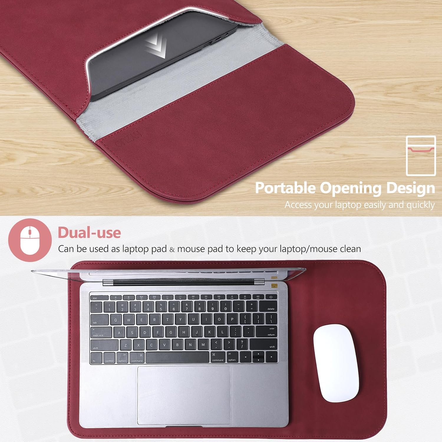 Thumbnail 4 de HYZUO 13.3–14 Inch Laptop Sleeve Case in Faux Suede Leather, Wine Red