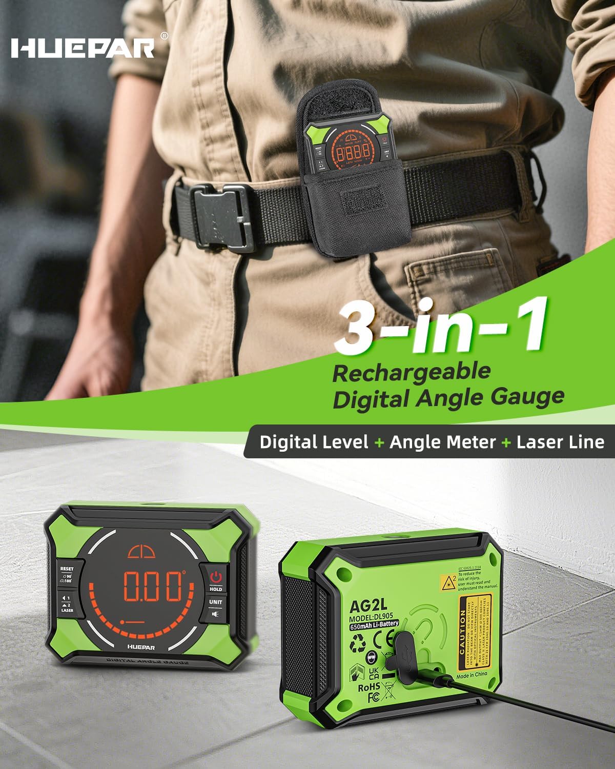 Detalle de Huepar Rechargeable Digital Angle Finder with Laser, 2×180°/4×90°