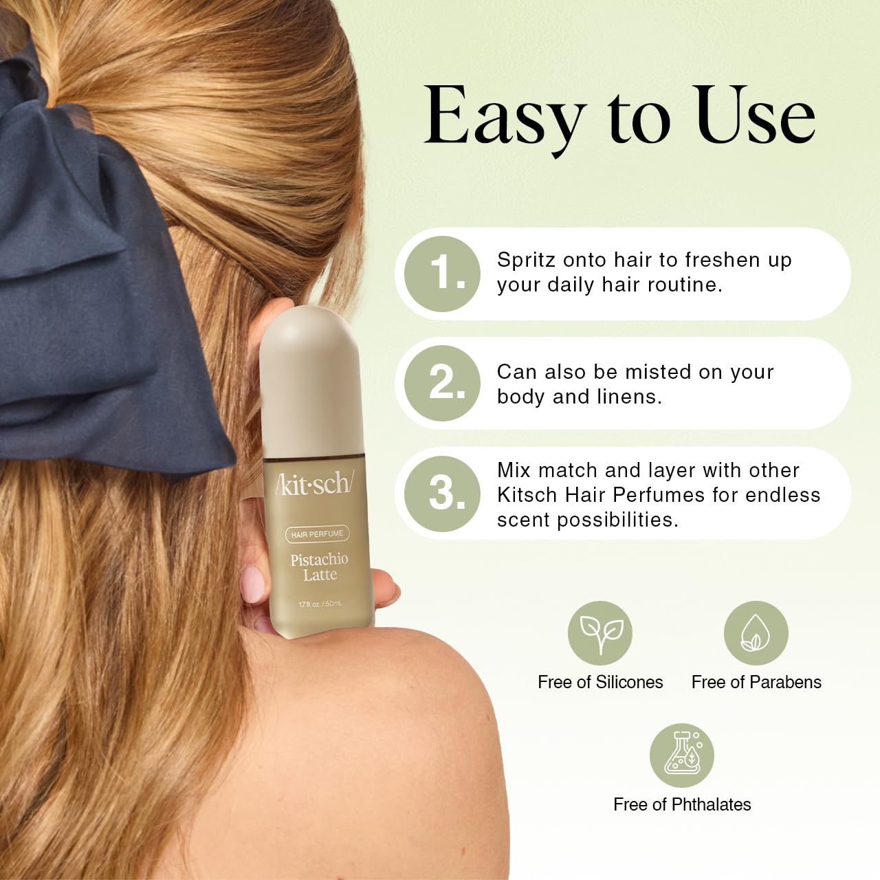 Detalle 1 de Kitsch Pistachio Latte Hair Perfume & Body Mist, 50 mL Odor-Eliminating Spray