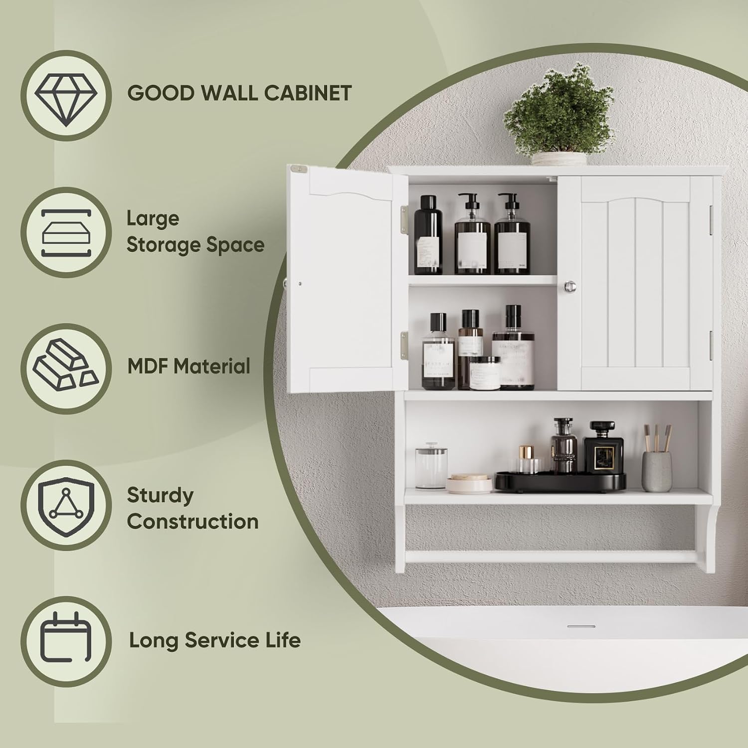Detalle 2 de Smuxee bathroom wall cabinet with towel bar, adjustable shelves and 2 doors