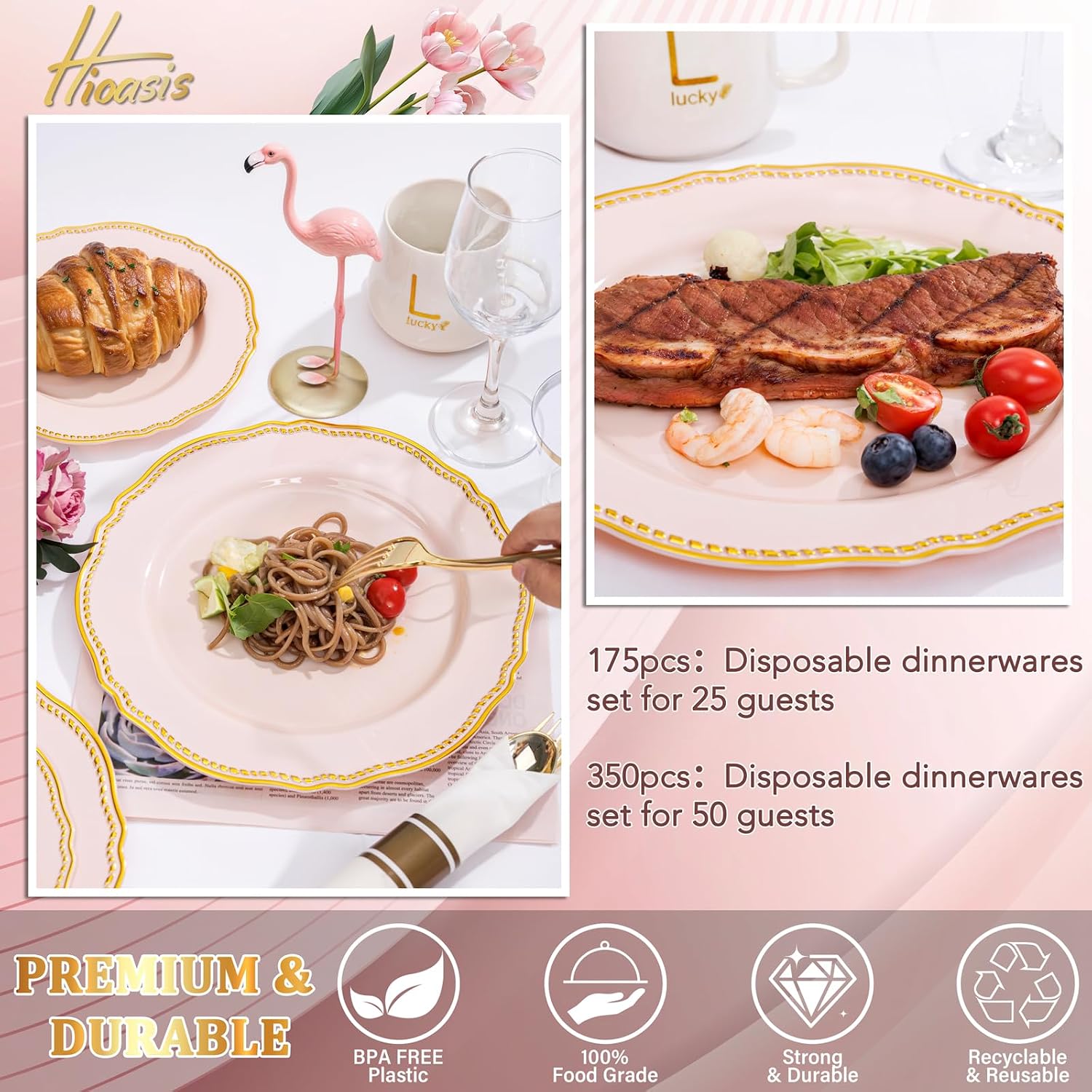 Detalle de Hioasis 350pcs Pink and Gold Plastic Plates Set – Elegant Disposable Dinnerware for 50 Guests