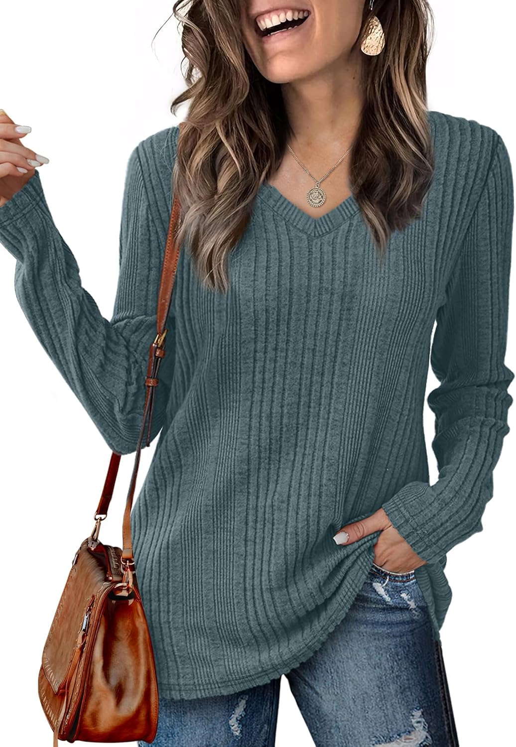 Thumbnail 6 de GLEENOD Pullover Damen V-Ausschnitt Langarm Sweatshirt – Leichtes, einfarbiges Oberteil für Herbst/W Winter
