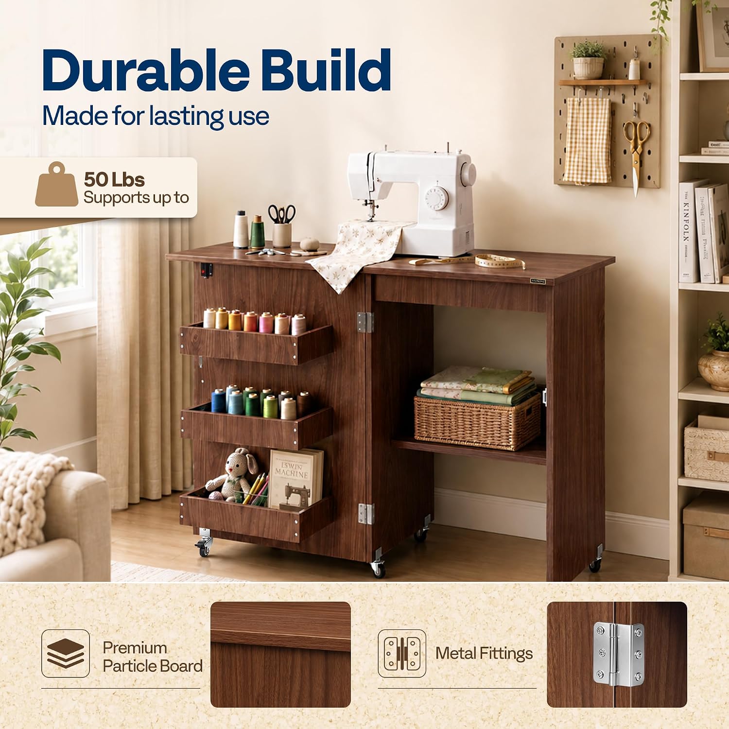 Detalle de VIVOHOME VH1080-WA Folding Sewing Table with Storage, Walnut