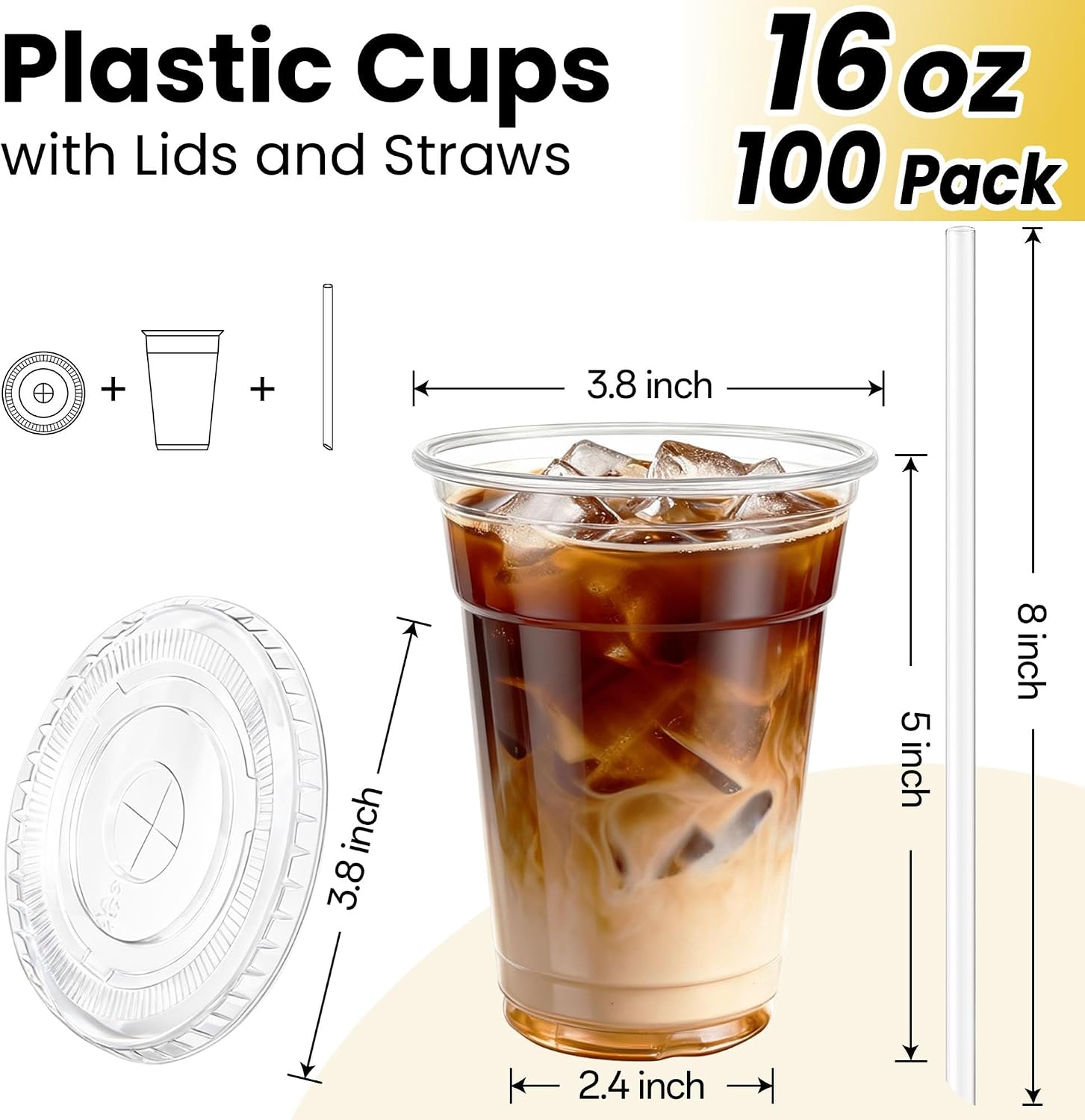 Detalle de 100 Pack 16 oz Clear Plastic Cups with Lids and Straws