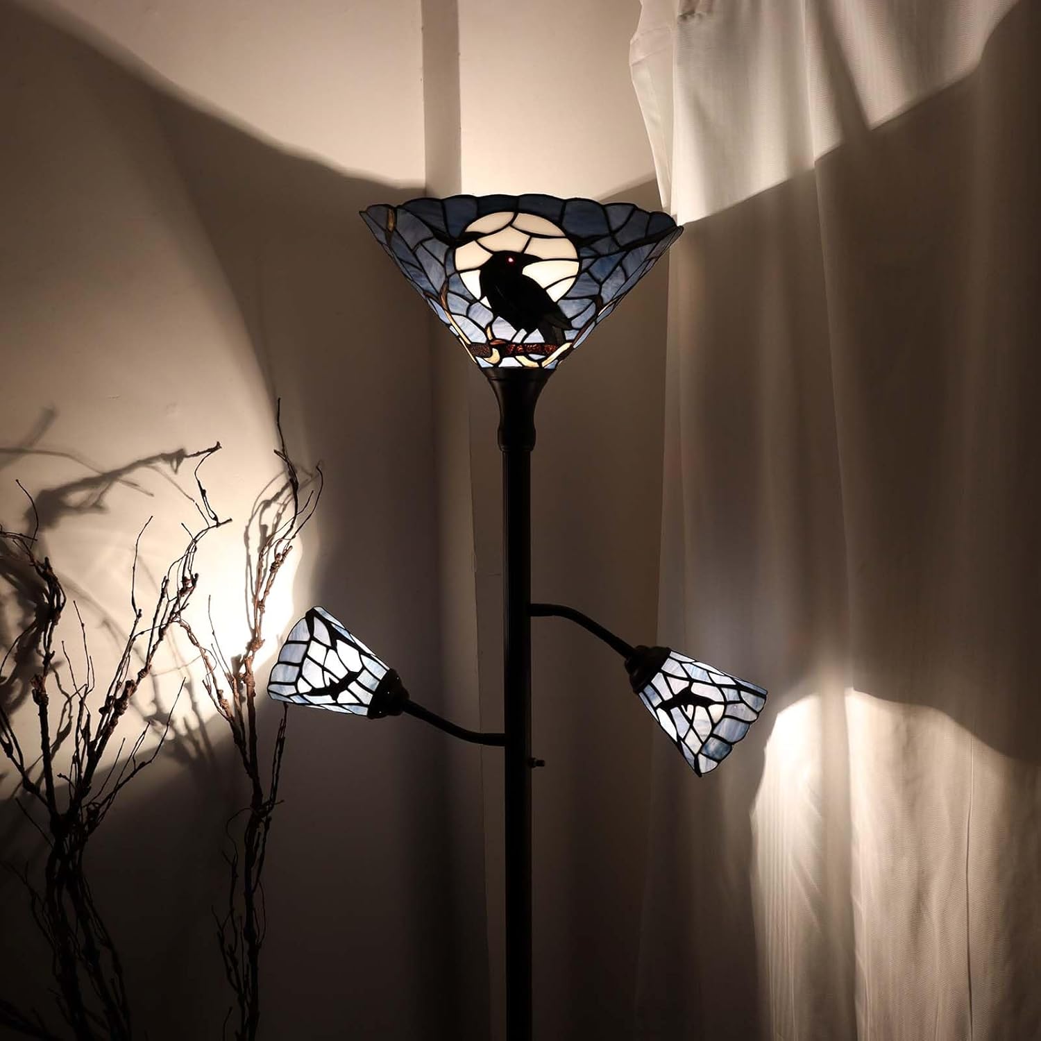 Thumbnail 3 de Bieye L50957 Tiffany-style stained glass 3-light torchiere floor lamp with adjustable reading lights (Dark Blue, Crow)