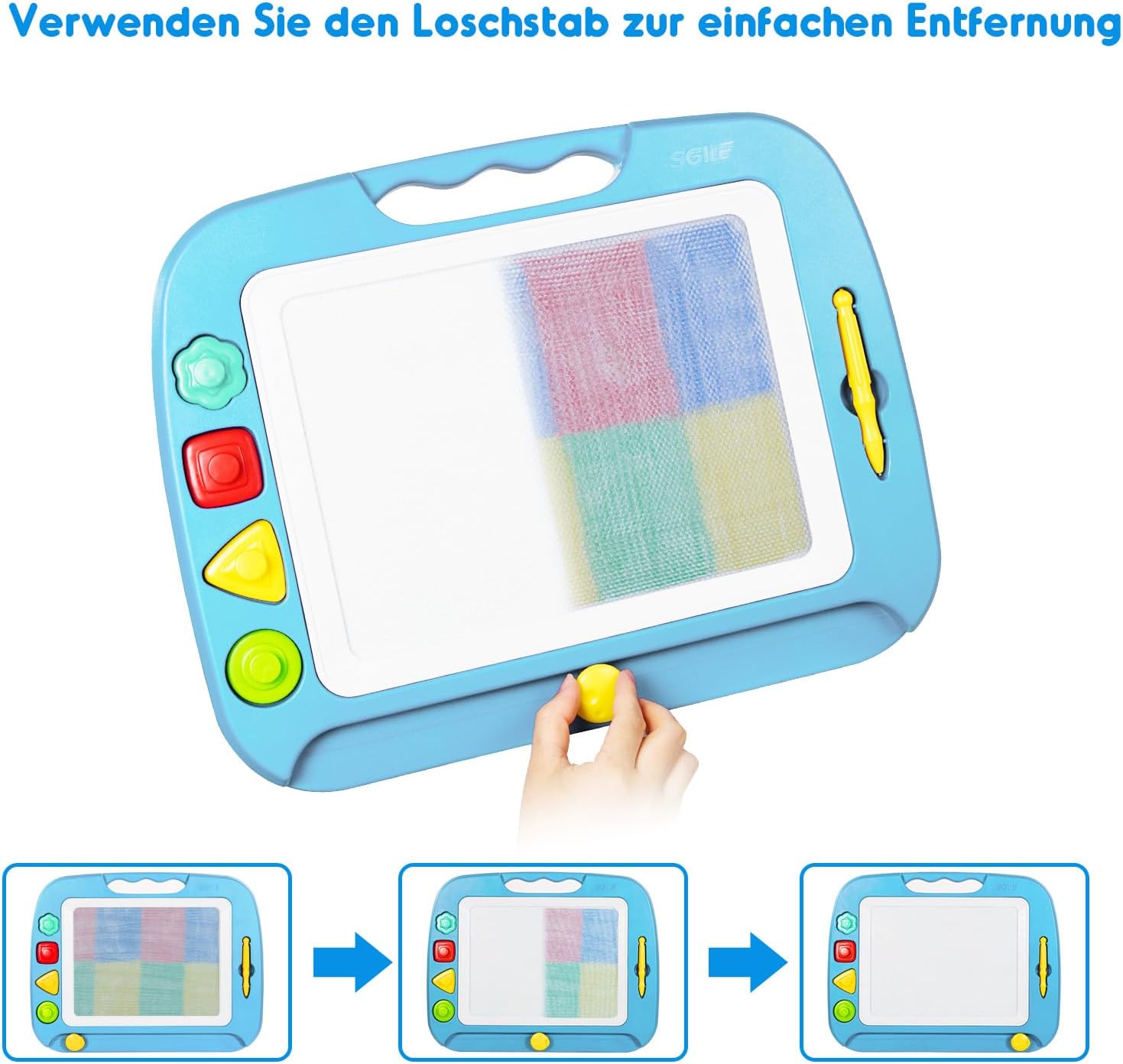 Detalle de SGILE große magnetische Maltafel Zaubertafel für Kinder (42 x 32 cm), hellblau mit Stift und 4 magnetischen Stempeln