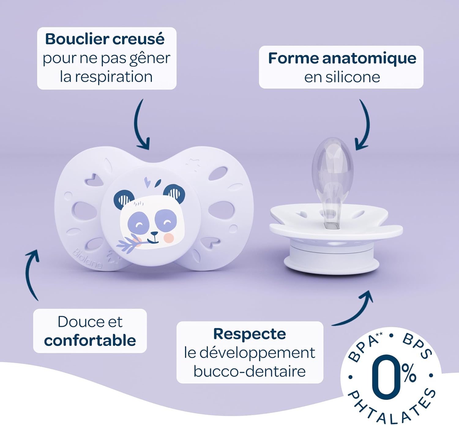 Thumbnail 3 de Biolane tétines anatomiques animaux – sucettes extra-fines 18 mois et +, lilas bicolore (téterelle plate et réversible)