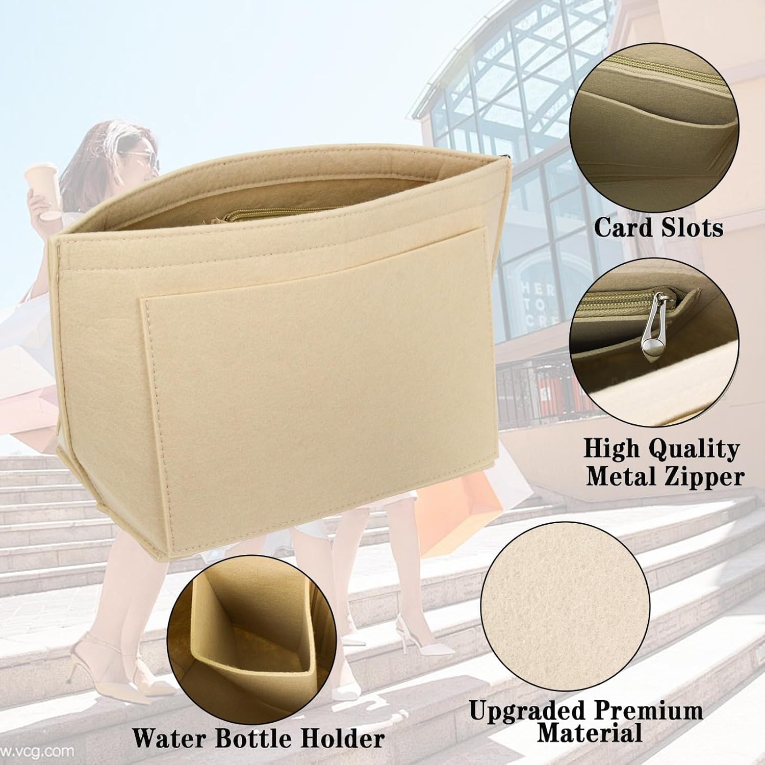 Detalle de HYEPNED Bag Insert Organizer for Longchamp Tote (Khaki, M) – Multi-Pocket Felt Wallet Insert