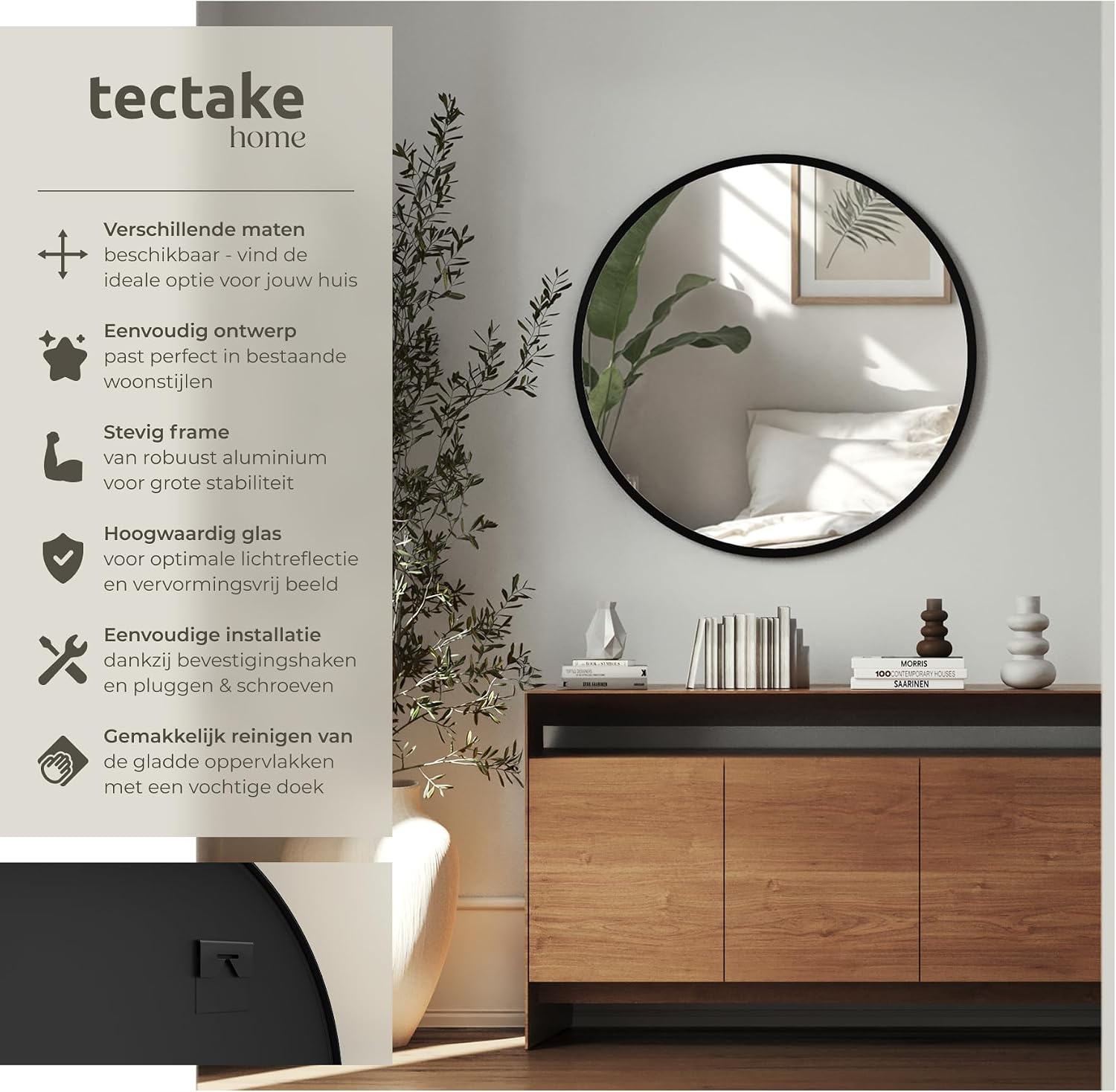 Detalle 2 de tectake Fiona ronde wandspiegel Ø 70 cm met geanodiseerd aluminium frame