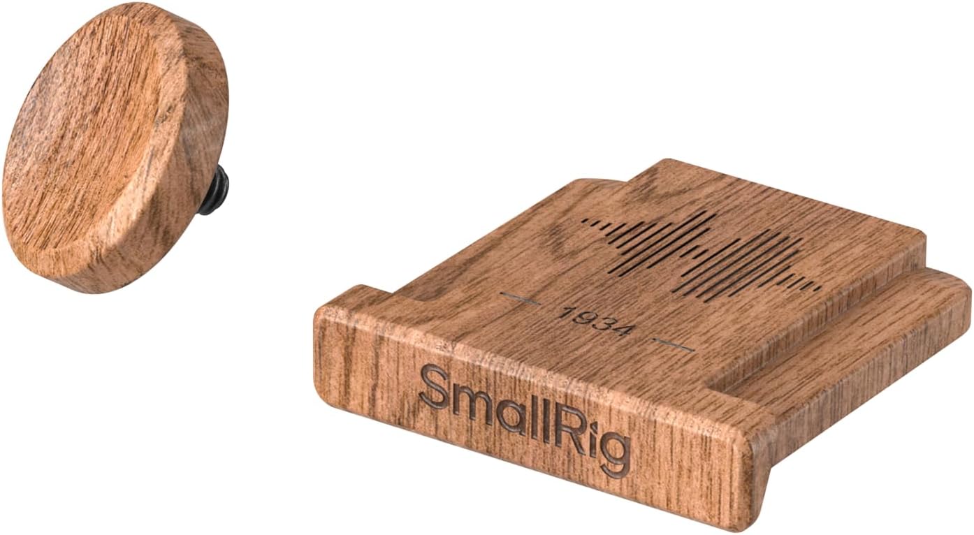Detalle de SMALLRIG 6238 blixtskoskydd med avtryckarknapp i rosenträ