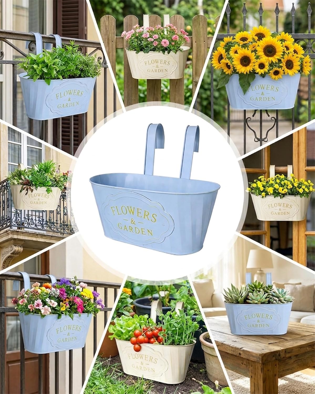 Detalle de 4 Pack Retro Style Galvanised Iron Hanging Flower Pots with Detachable Hooks (Milk Blue & Milk Yellow)