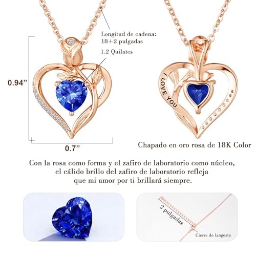 Detalle 2 de JACUPO Collar Corazón Rosa 1,2 Quilates Zafiro de Laboratorio Azul Real en Plata 925 bañada en oro rosa