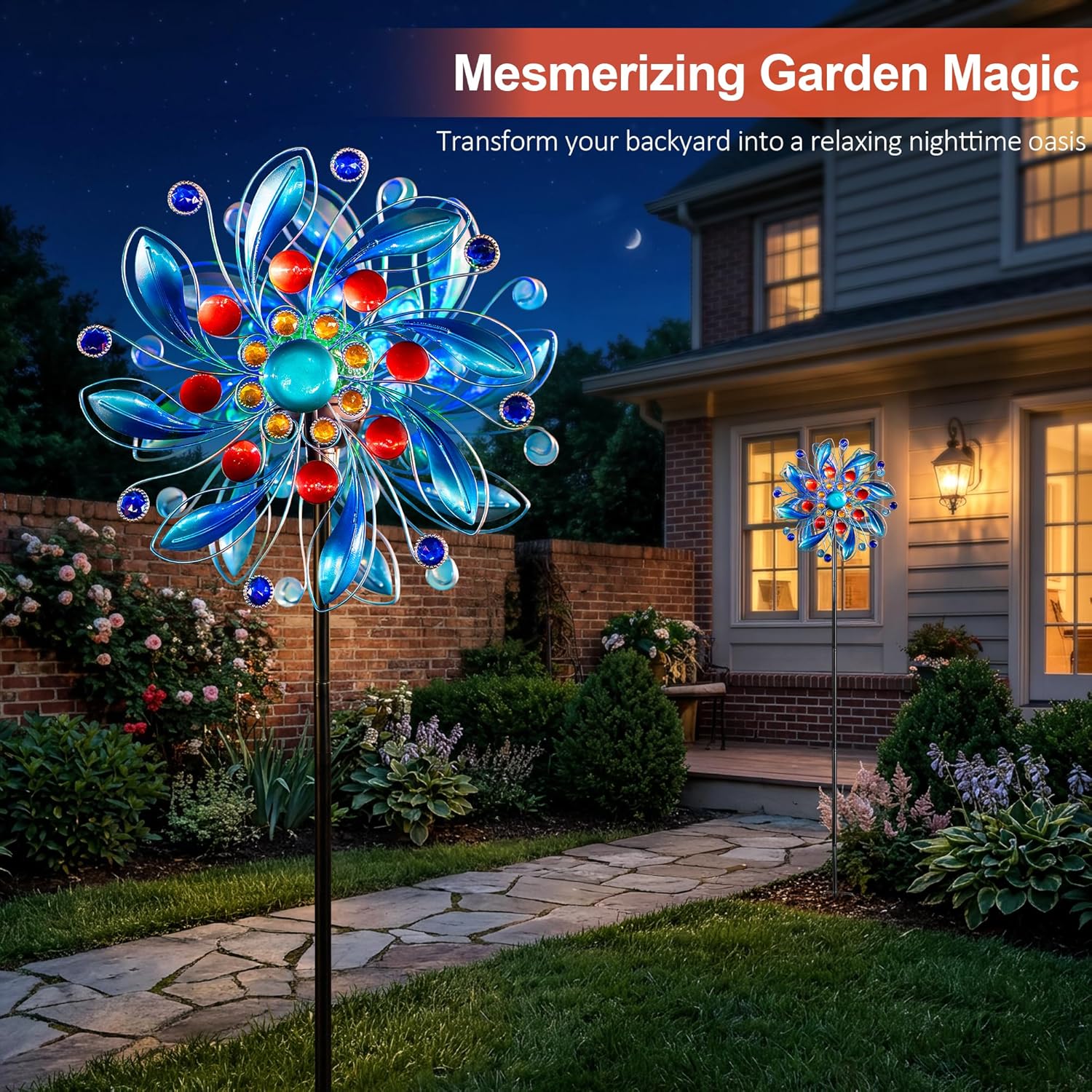Detalle 2 de MXwcy LT00217S1 Solar Wind Spinner, Blue Floral Metal Decor with Solar Light
