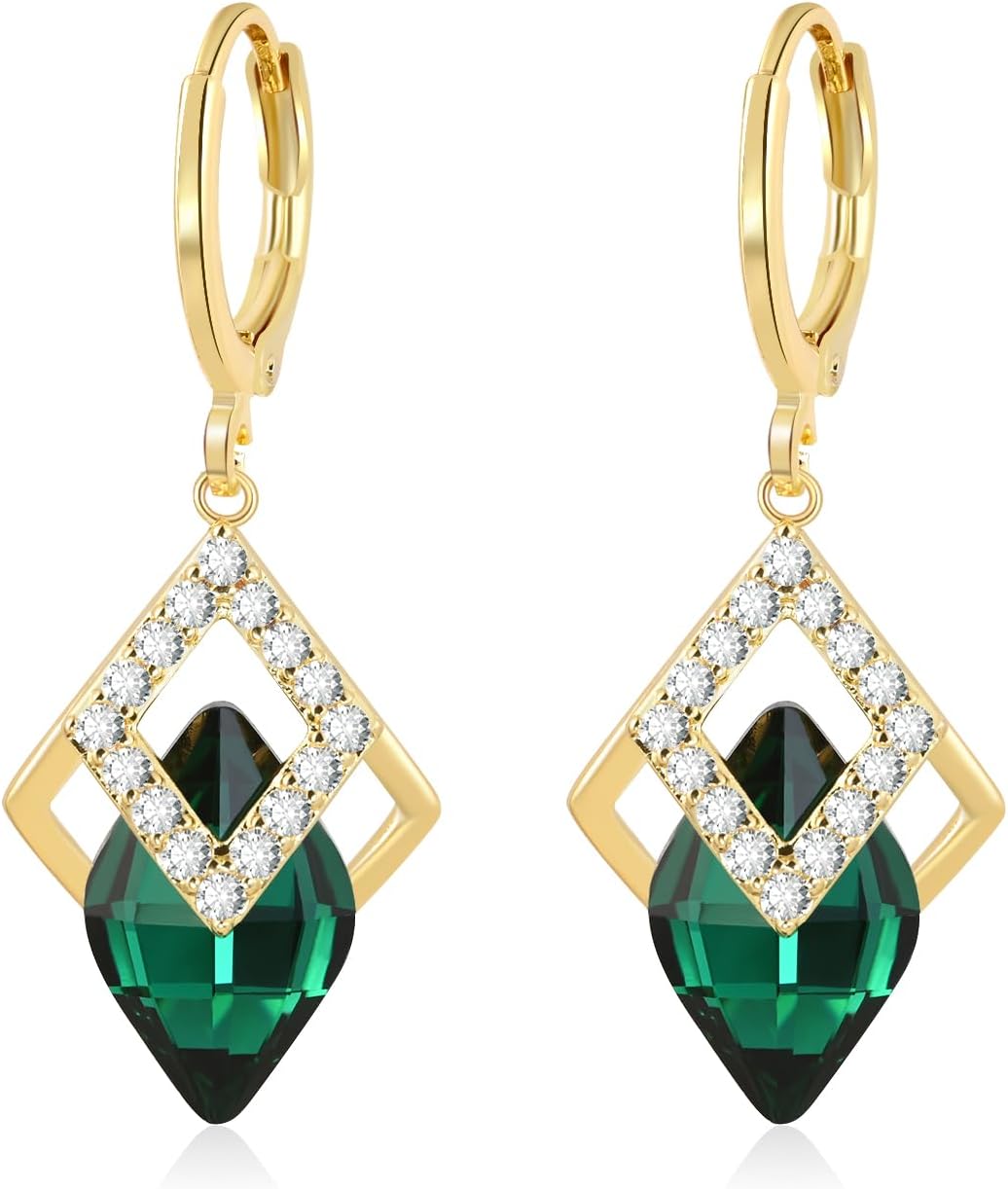 Detalle de Aliyoham Emerald Green Hoop Earrings with Cubic Zirconia – 18K Gold Plated Dangle Hoops