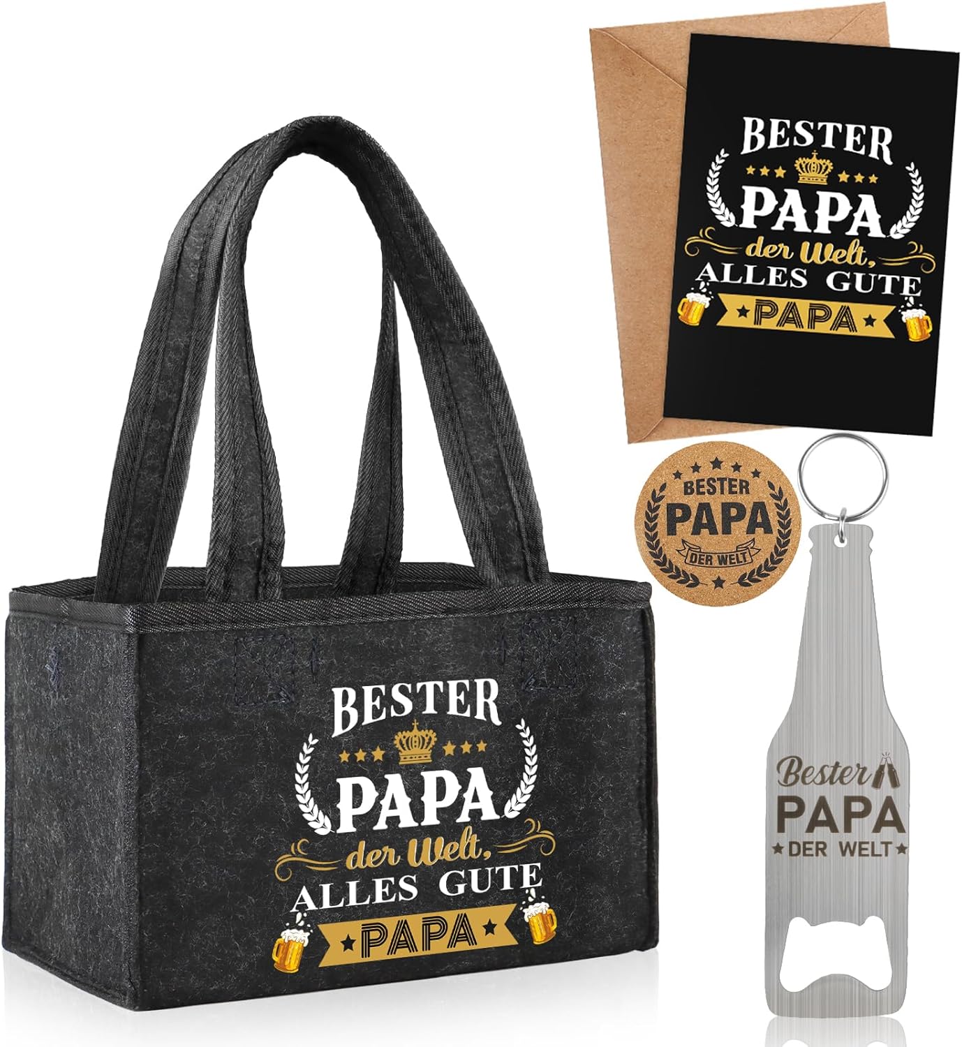 Detalle de WenmthG Geschenk-Set: Bierträger-Masche für Papa – 6 Flaschen, Flaschenöffner, Grußkarte und Untersetzer