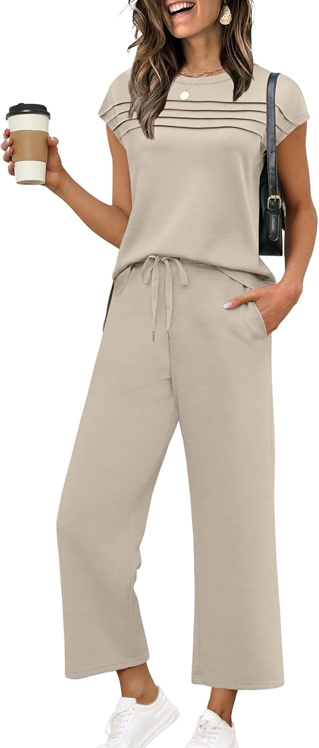 WIHOLL Two Piece Sets for Women – Lightweight, Airy Cap Sleeve Set with Wide-Leg Pants