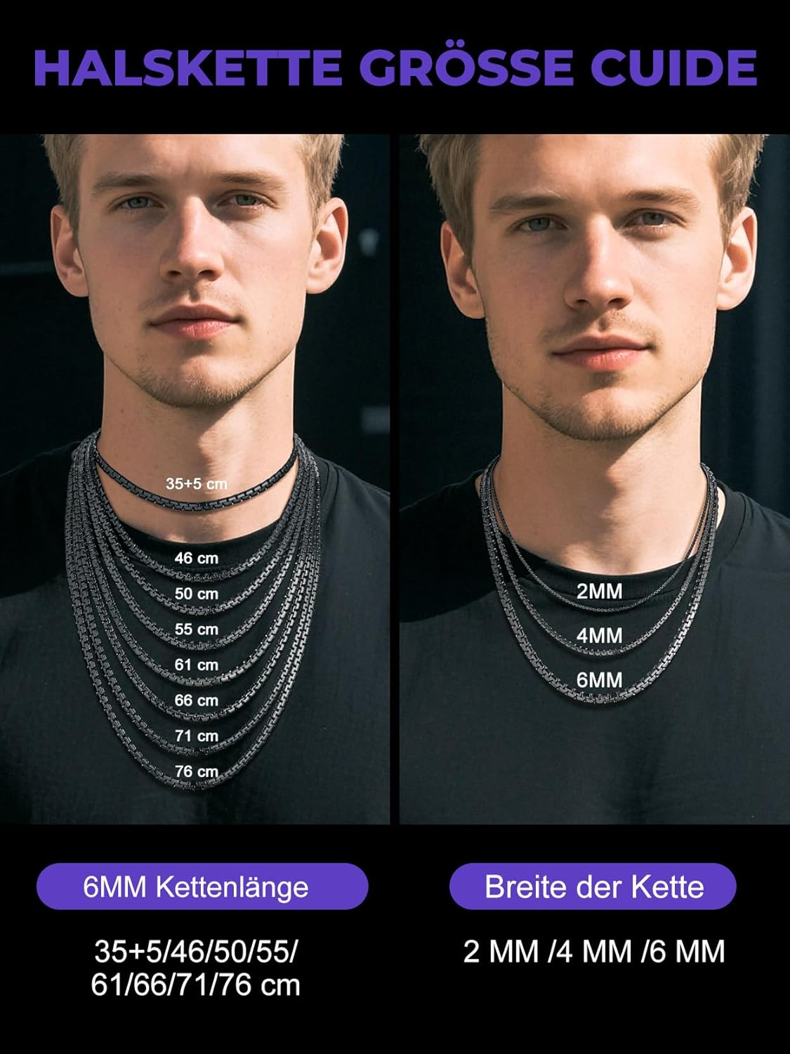 Detalle de Richsteel Edelstahl-Kette Herren & Damen Venezianisch 2/4/6 mm Silber/Schwarz/Vergoldet – Längen von 35 bis 76 cm