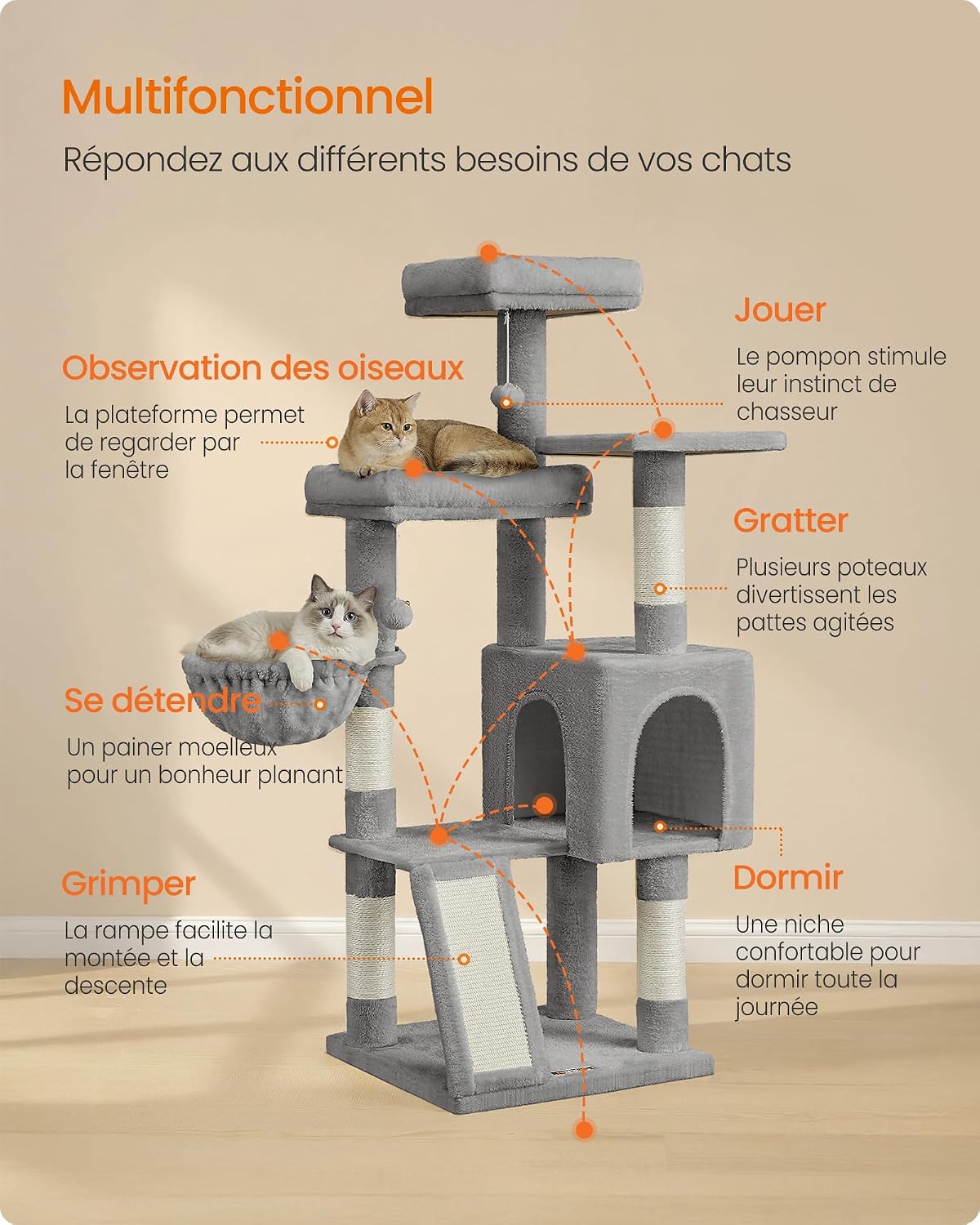 Detalle de Feandrea Arbre à Chat PCT012GD01 : tour intérieure avec 3 plateformes, niche et poteaux à griffer