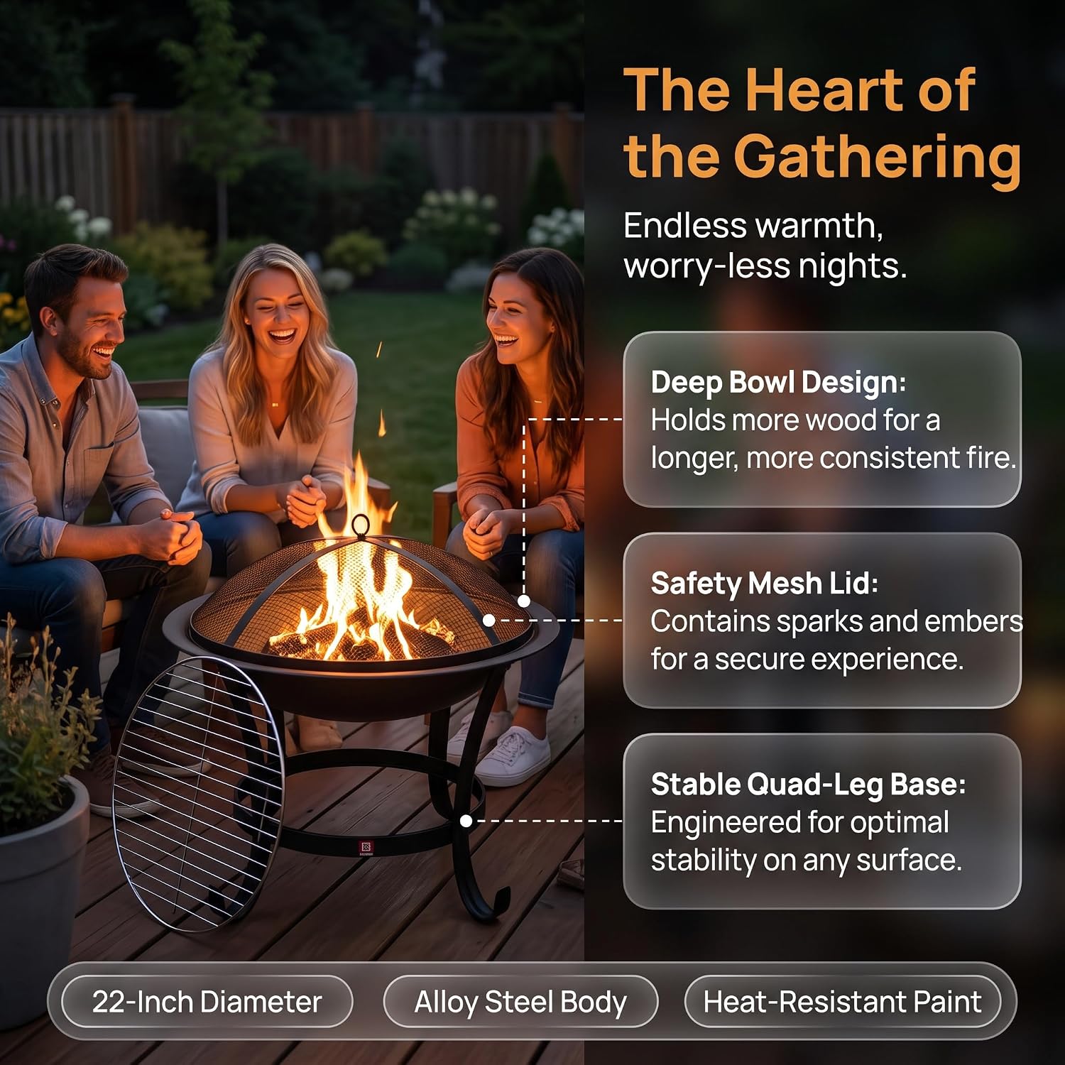 Detalle de Fire Beauty Fire Pit BBQ Grill Pit Bowl with Mesh Spark Screen Cover and Poker