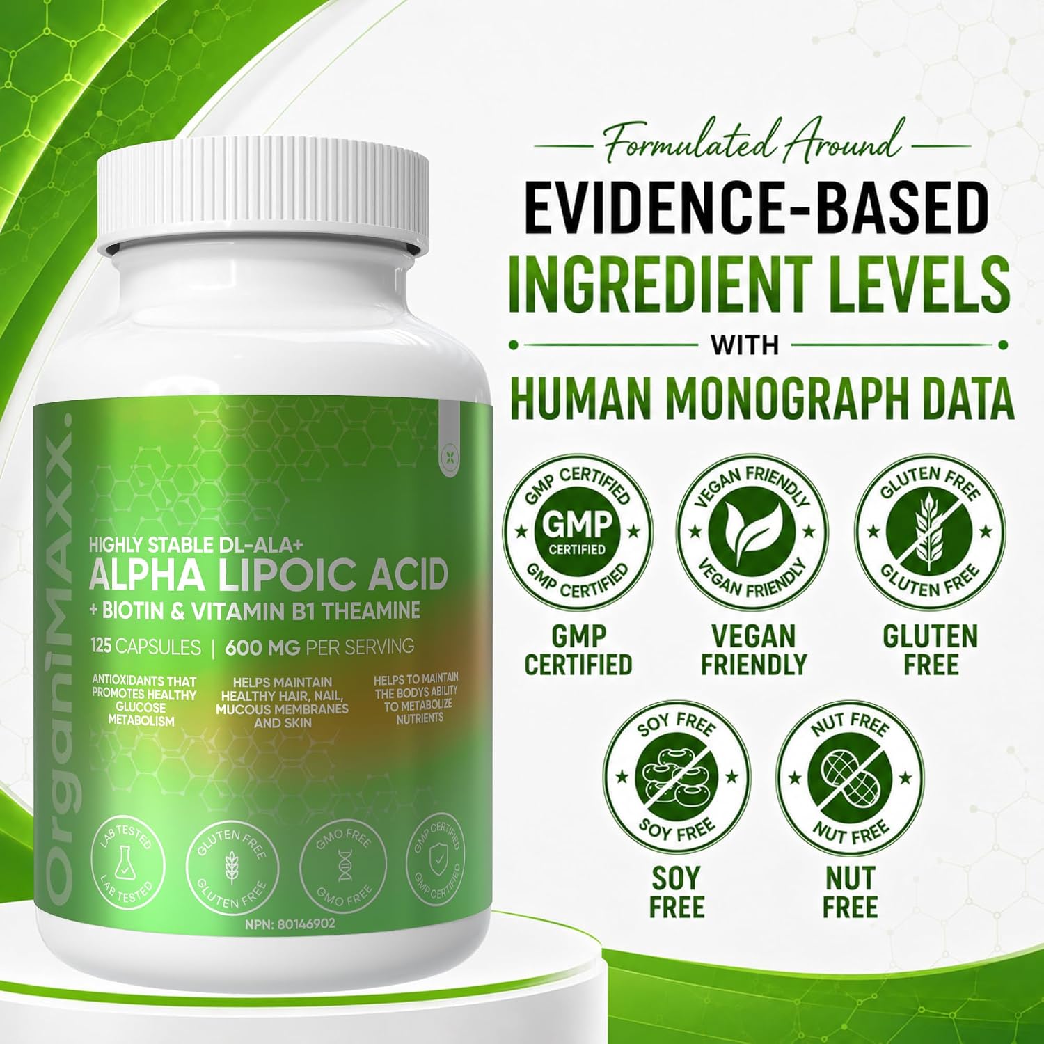 Detalle 2 de OrganiMAXX. Alpha Lipoic Acid 125, 600 mg Capsules with B1 and Biotin