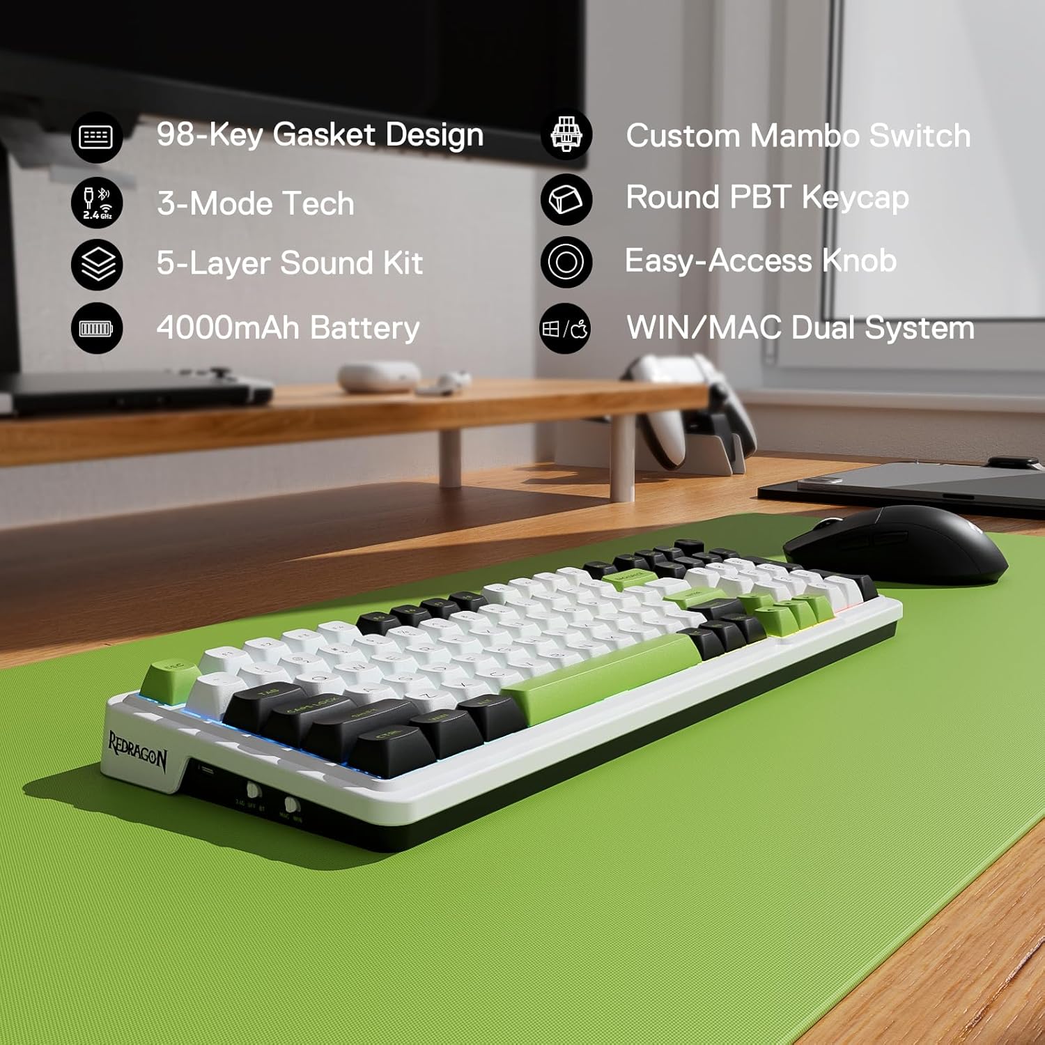 Detalle de Redragon K686 PRO – 98-Tasten kabellose Gasket-Tastatur mit Hot-Swap, RGB und 3-Modi