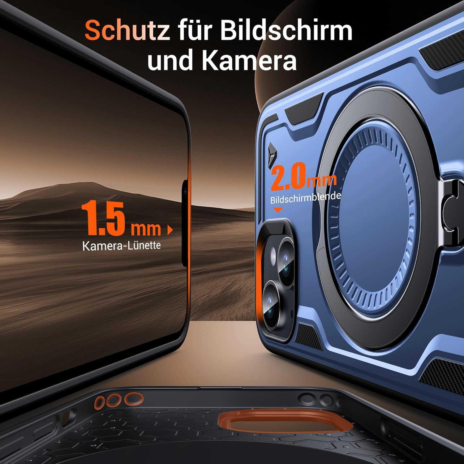 Thumbnail 3 de WYUIC Hülle für iPhone 14/13 mit drehbarem Ring-Ständer – robuste Stoß- und Kratzschutzhülle in Blau