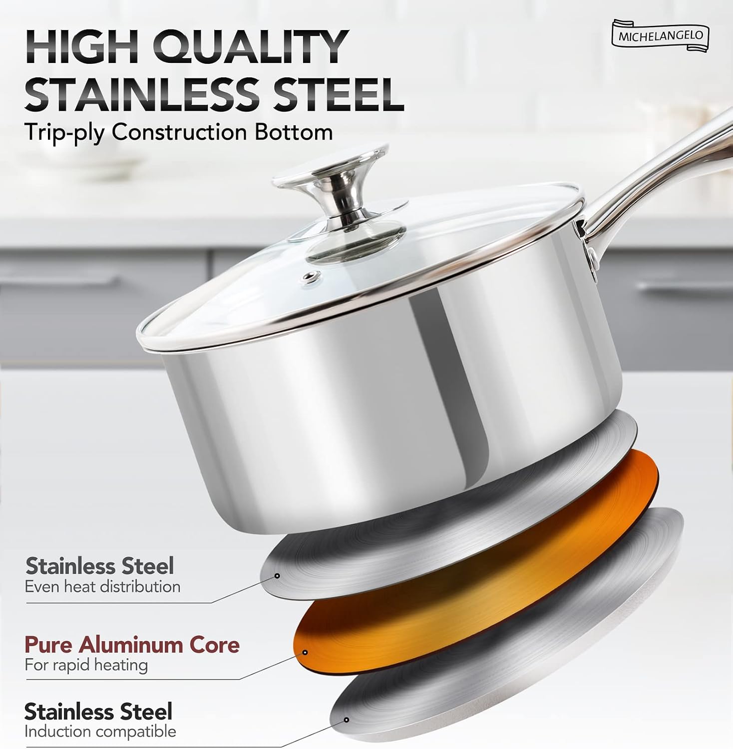 Detalle de MICHELANGELO 3 Quart Nonstick Stainless Steel Saucepan 🍲
