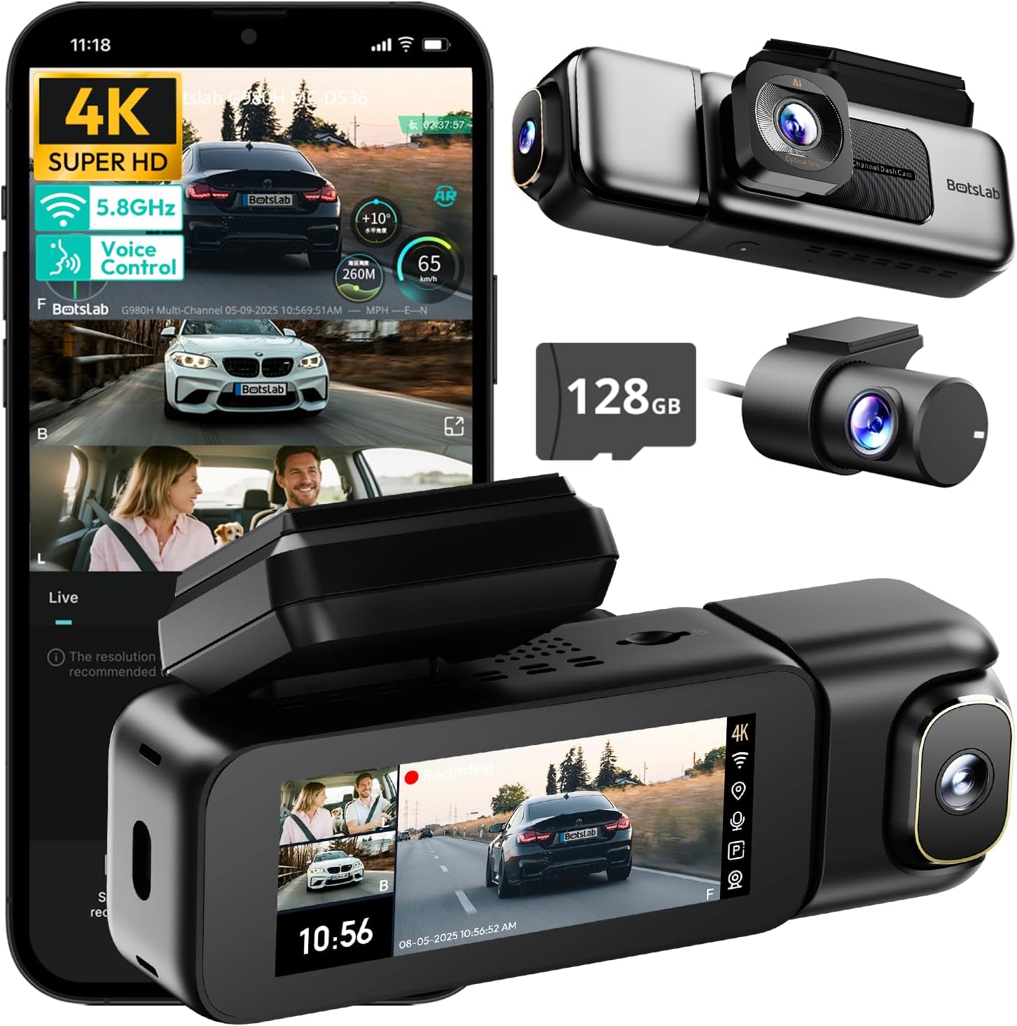Detalle de BOTSLAB 3 Channel 4K Dash Cam: Front, Rear and Inside with 128GB Included