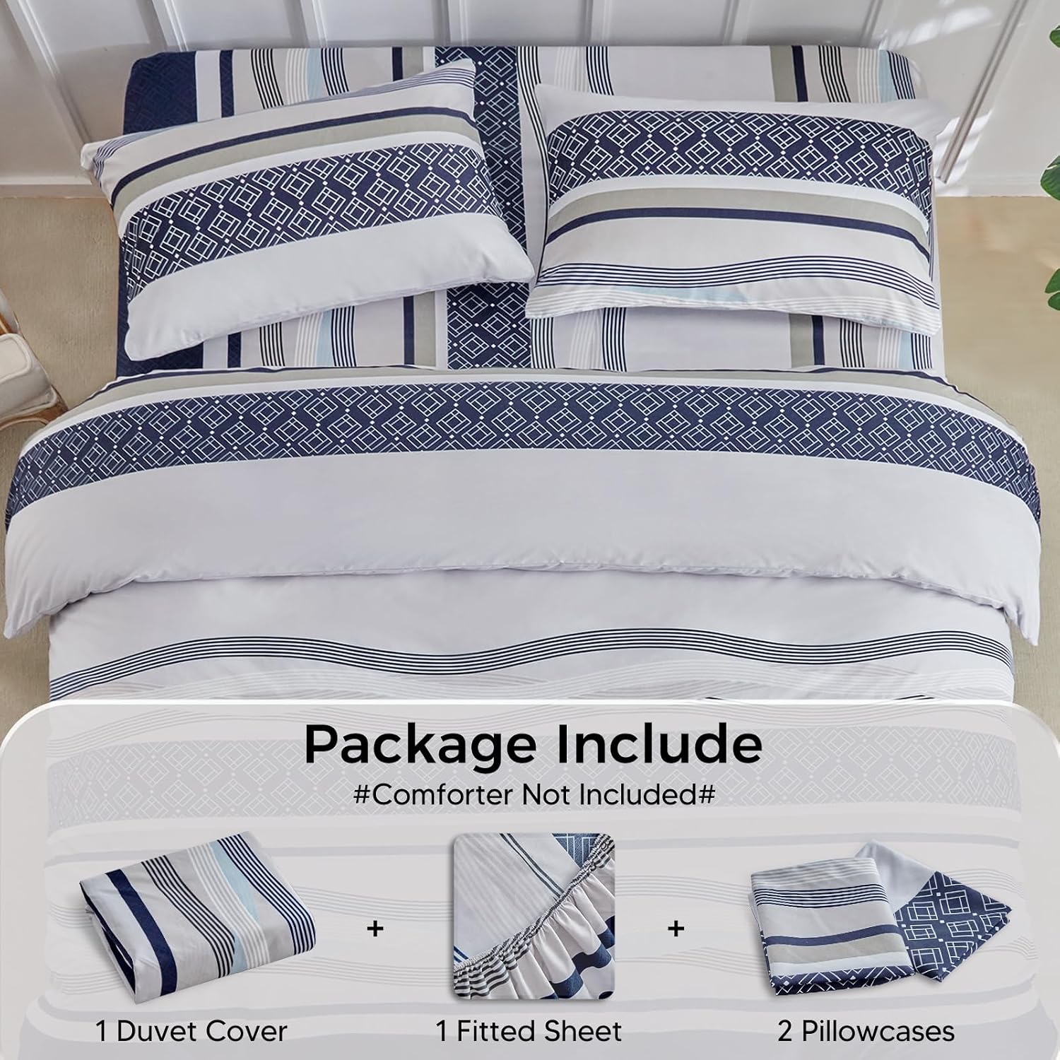 Detalle de Tokokimo Double Duvet Cover Set 4 Piece in Dark Blue Stripe with Fitted Sheet