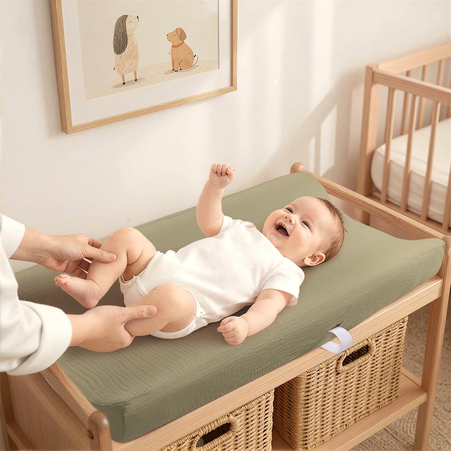 Detalle de lulumoon NS-CPC-2-005 Muslin Changing Pad Covers, 100% Cotton, Olive & Cream